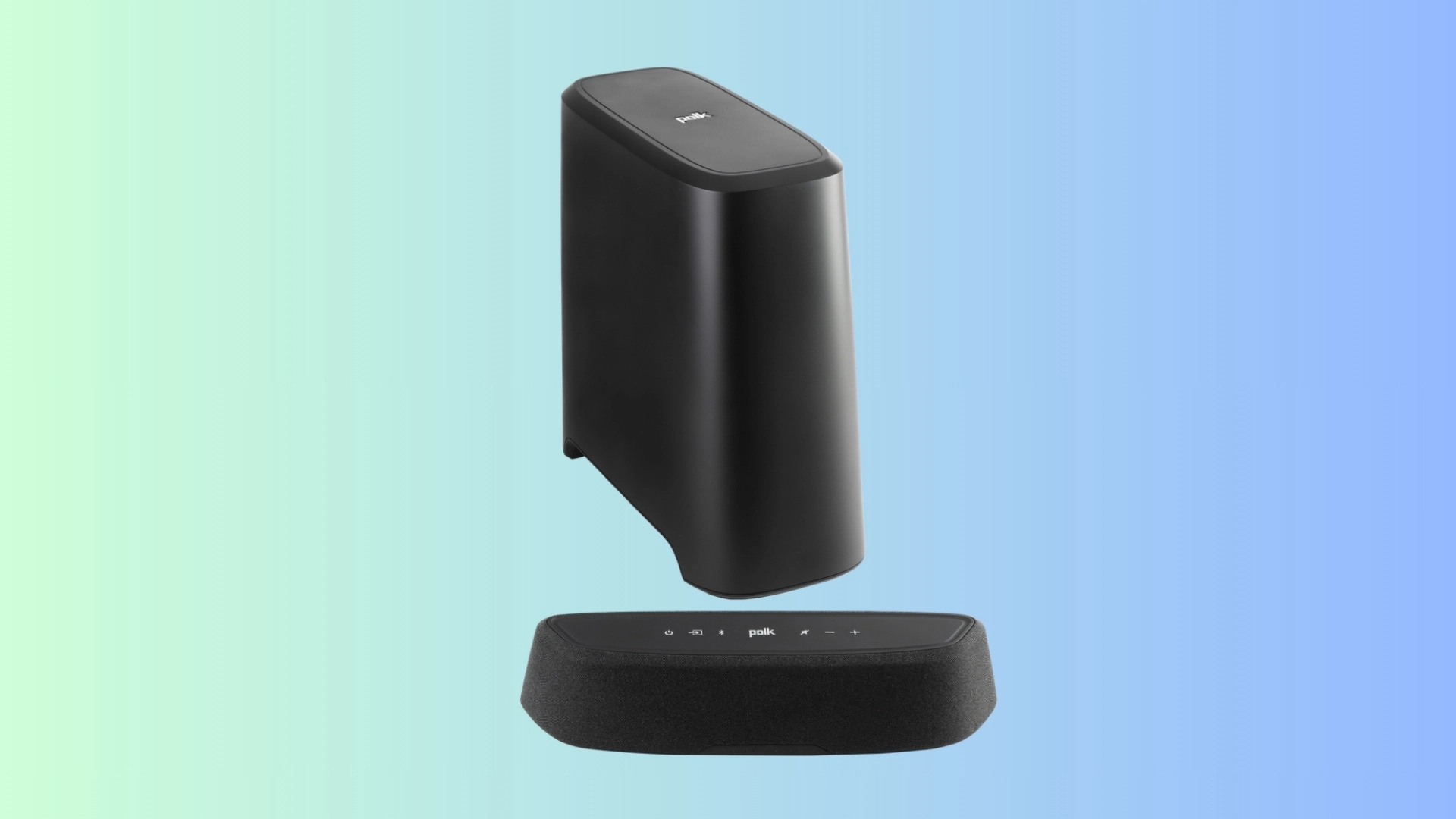 Polk Audio MagniFi Mini soundbar with wireless subwoofer on a soft blue background for compact TV bass