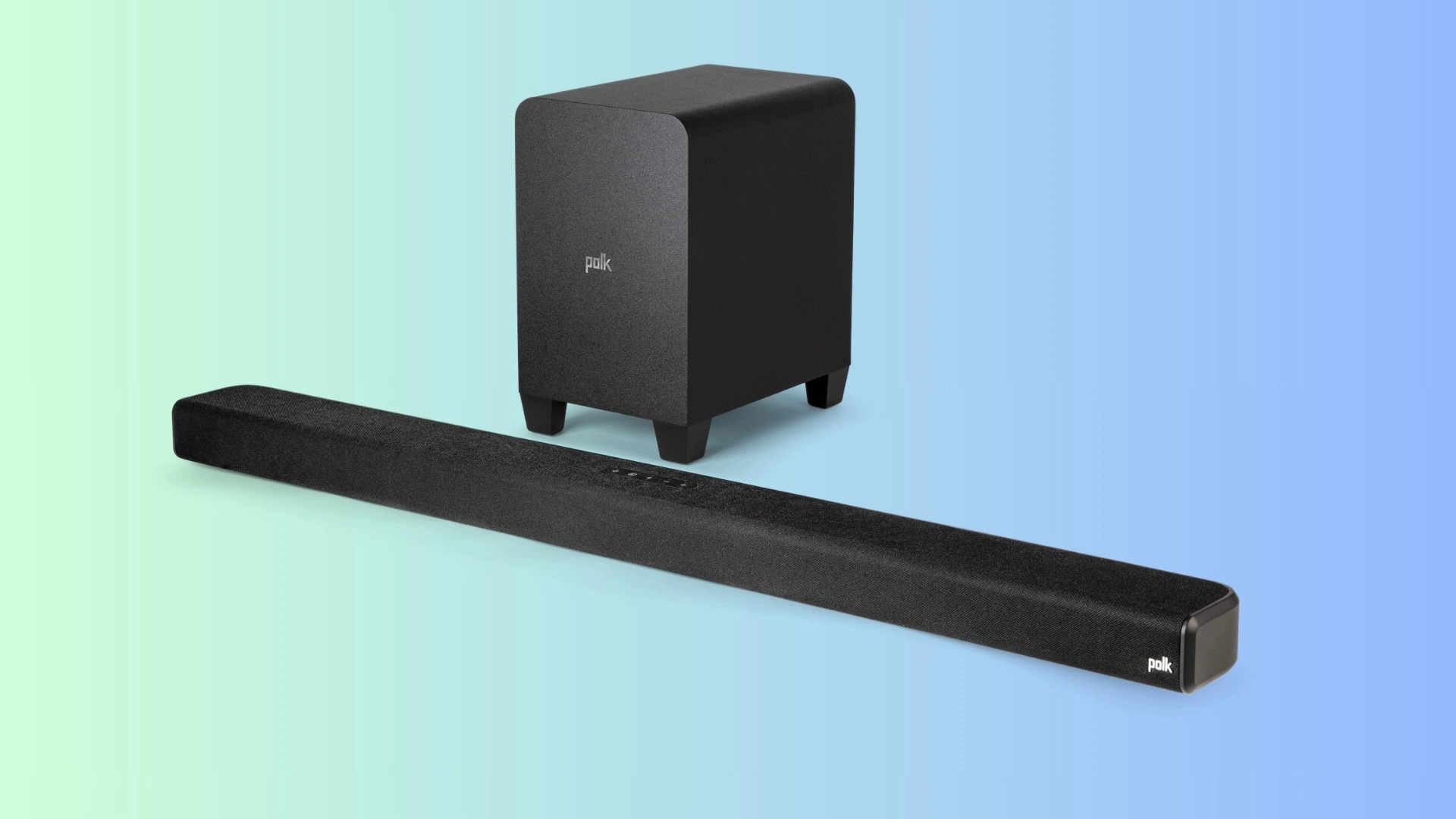 Polk Audio Signa S4 soundbar with wireless subwoofer on a soft blue background for clearer movie dialogue