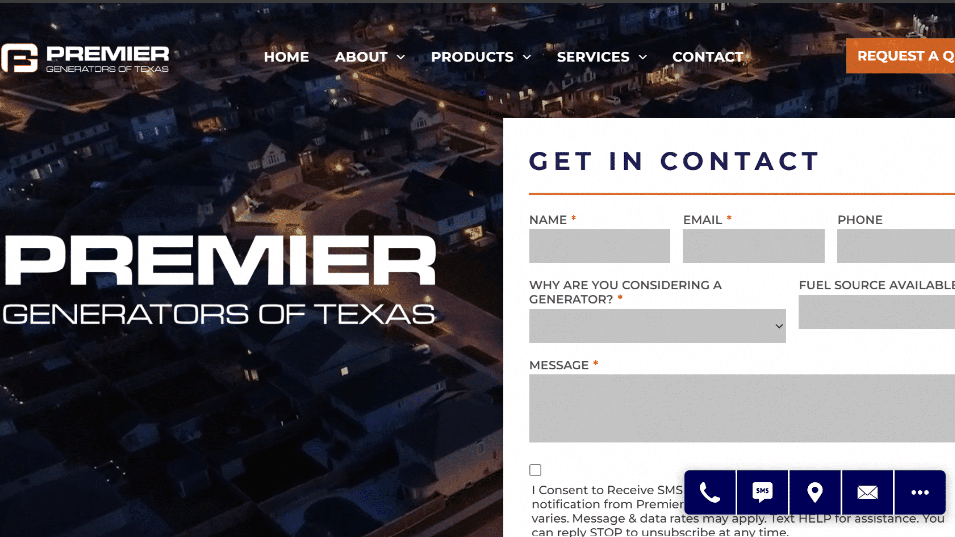 premier generators of texas contact form beside nighttime neighborhood aerial view