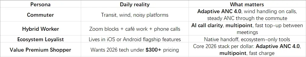 Table comparing personas by daily reality and priorities for technological features