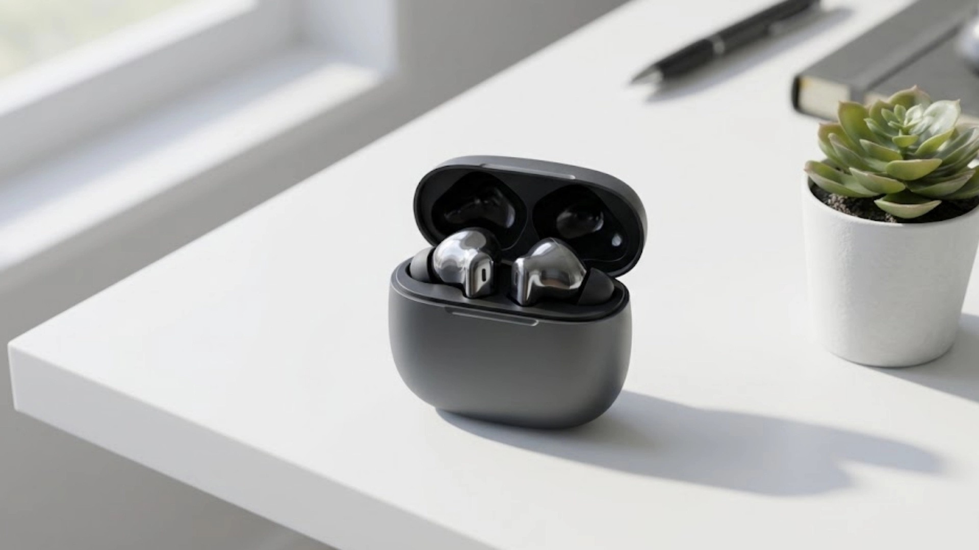 QCY MeloBuds Pro earbuds in an open black charging case on a white desk near a small plant