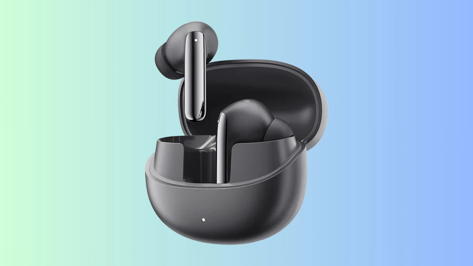 QCY MeloBuds Pro earbuds shown with an open black charging case on a blue and green background