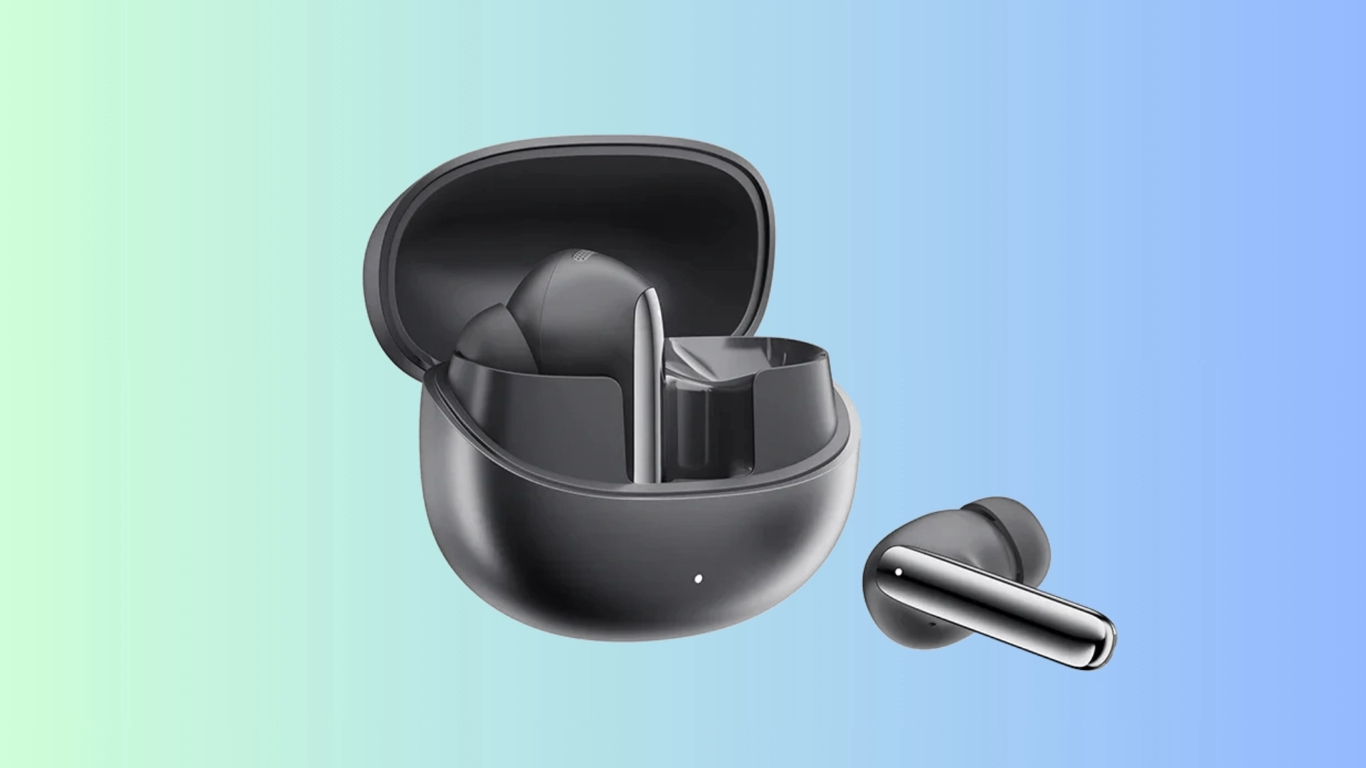 QCY MeloBuds Pro earbuds with an open black charging case on a soft blue and green background