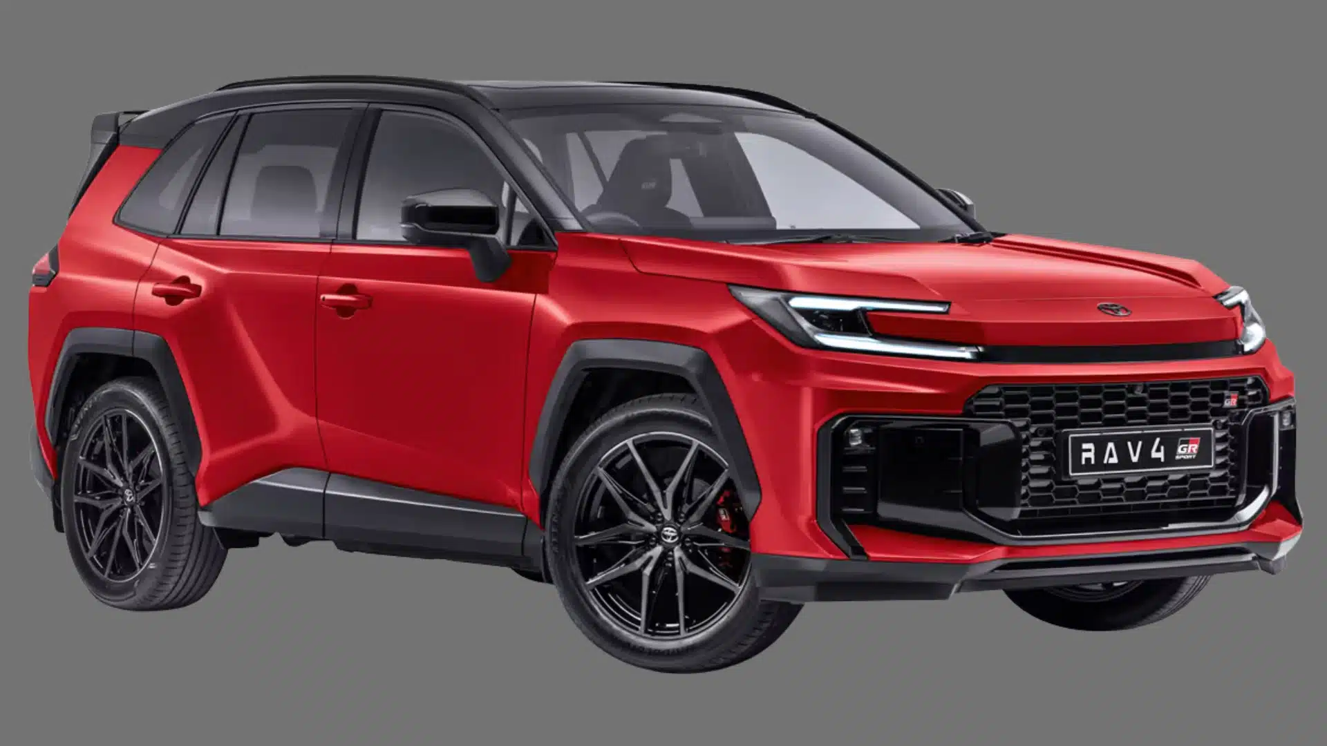 Red Toyota RAV4 SUV shown in angled front view with black alloy wheels on a plain gray background