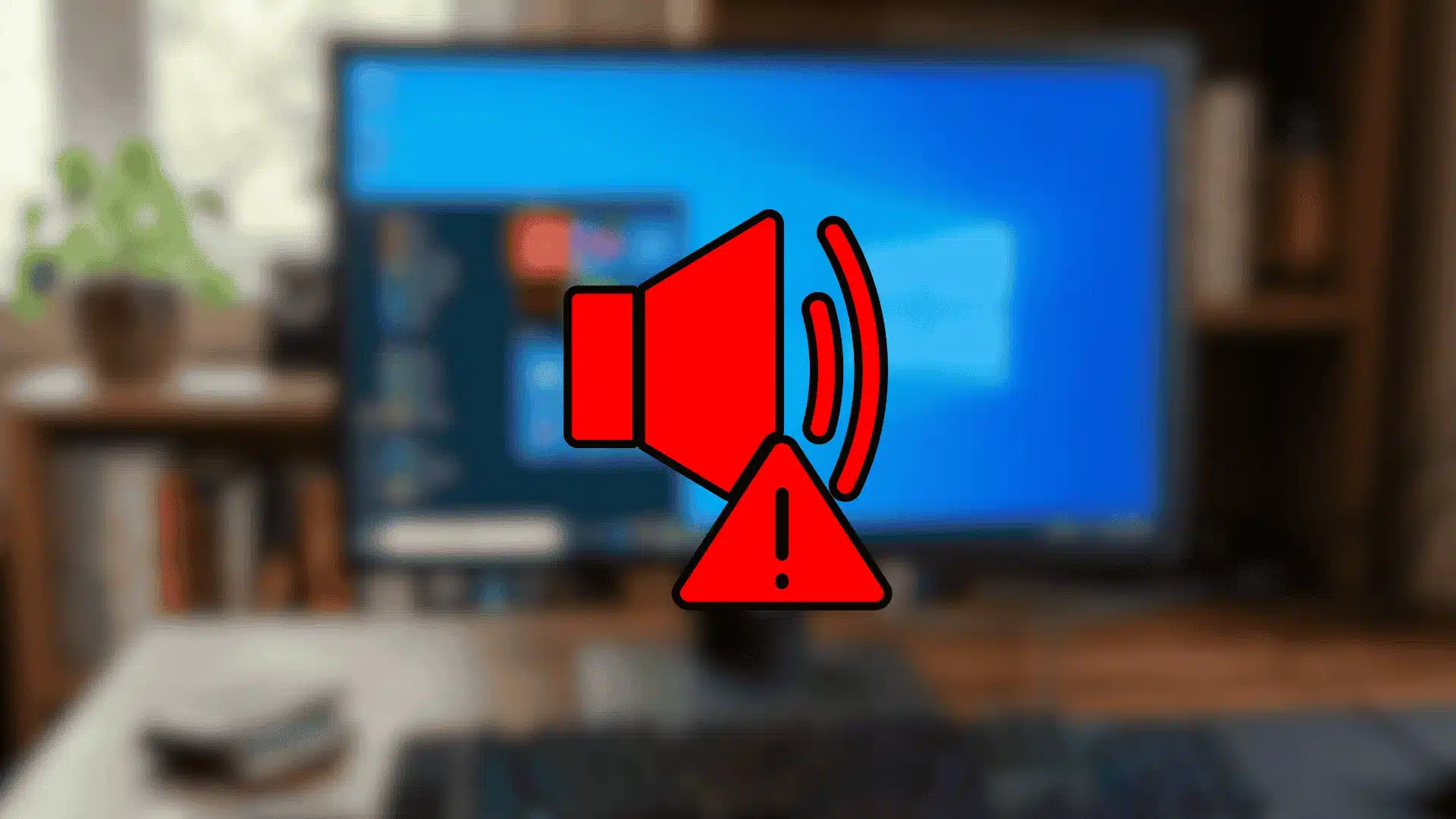 Red volume warning icon over a blurred Windows desktop screen showing a sound or alert issue in a home office setup