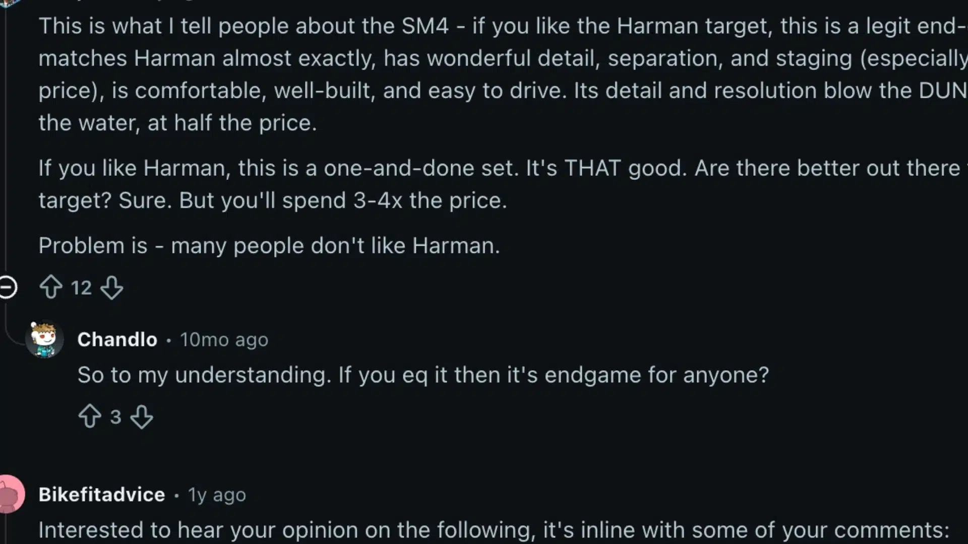Reddit comments discussing Simgot SuperMix 4 sound quality, Harman tuning, detail, staging, and EQ use