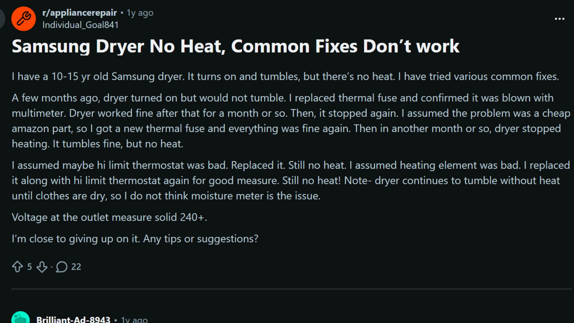 Reddit thread about Samsung dryer no heat issue after common repairs failed
