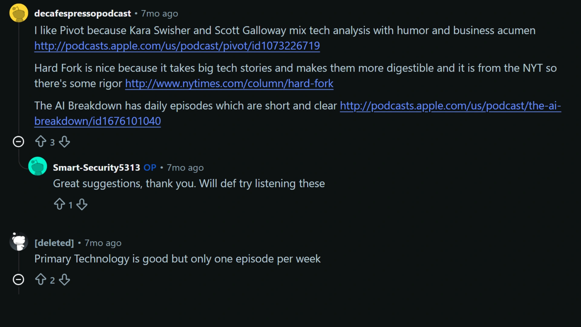 Reddit thread discussing tech podcast recommendations including Pivot, Hard Fork, and The AI Daily Brief