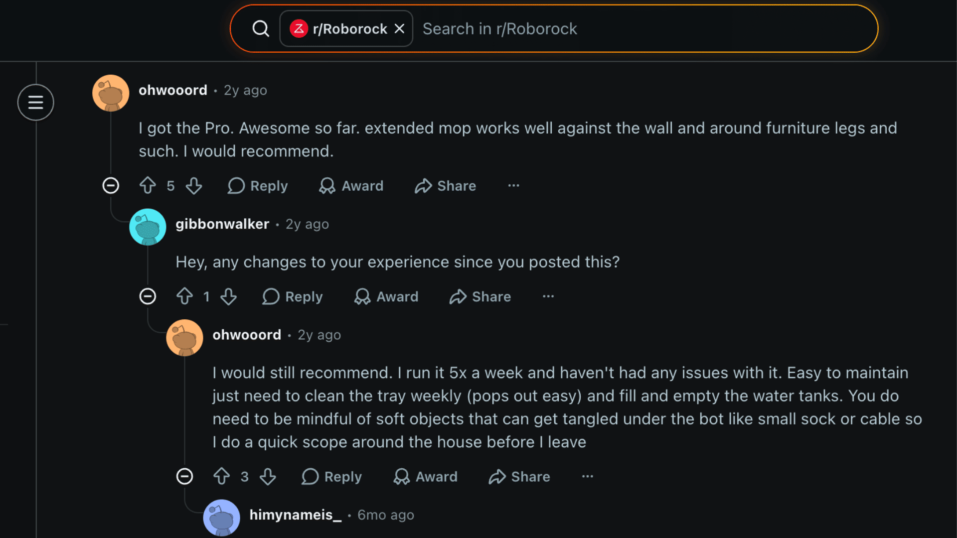 Reddit thread showing Roborock Q Revo Pro user feedback, maintenance tips, and long-term ownership discussion