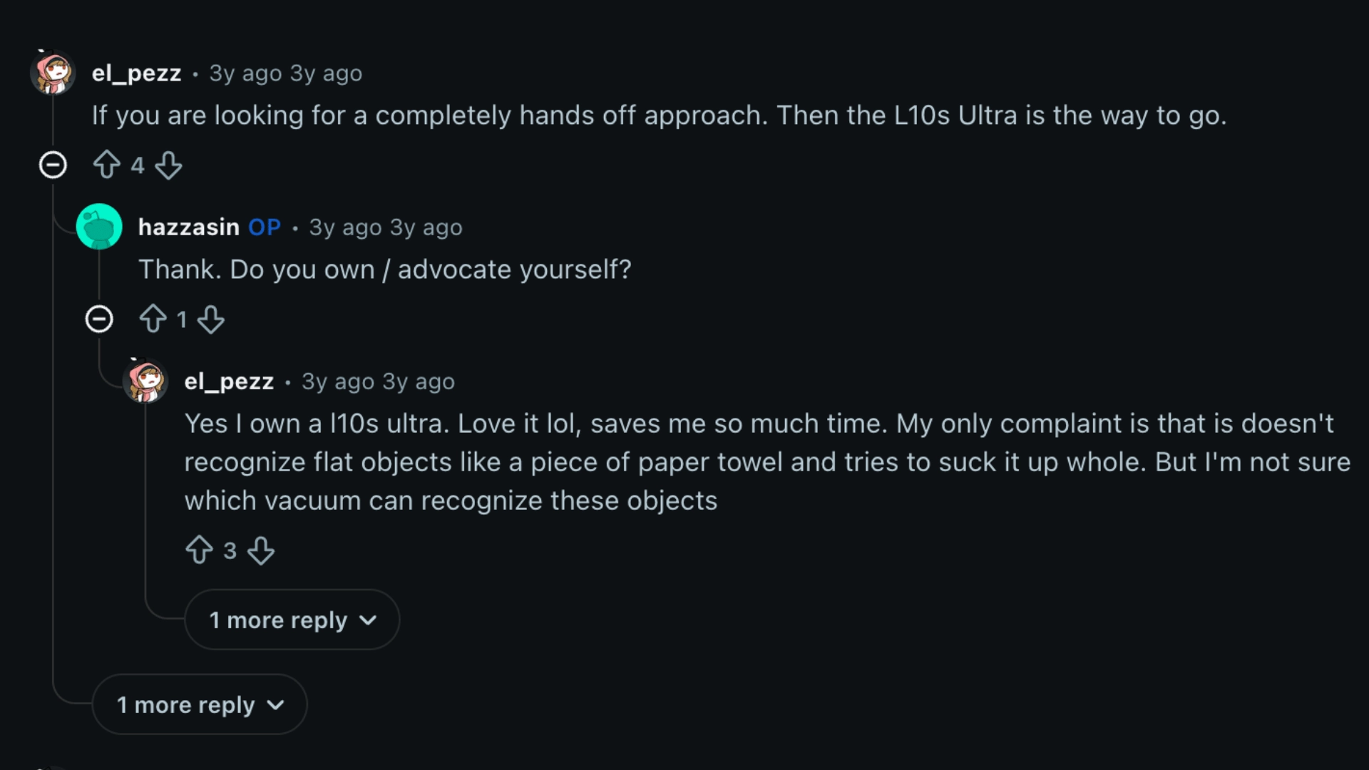 Reddit user praising the Dreame L10s Ultra for hands free cleaning while noting occasional issues