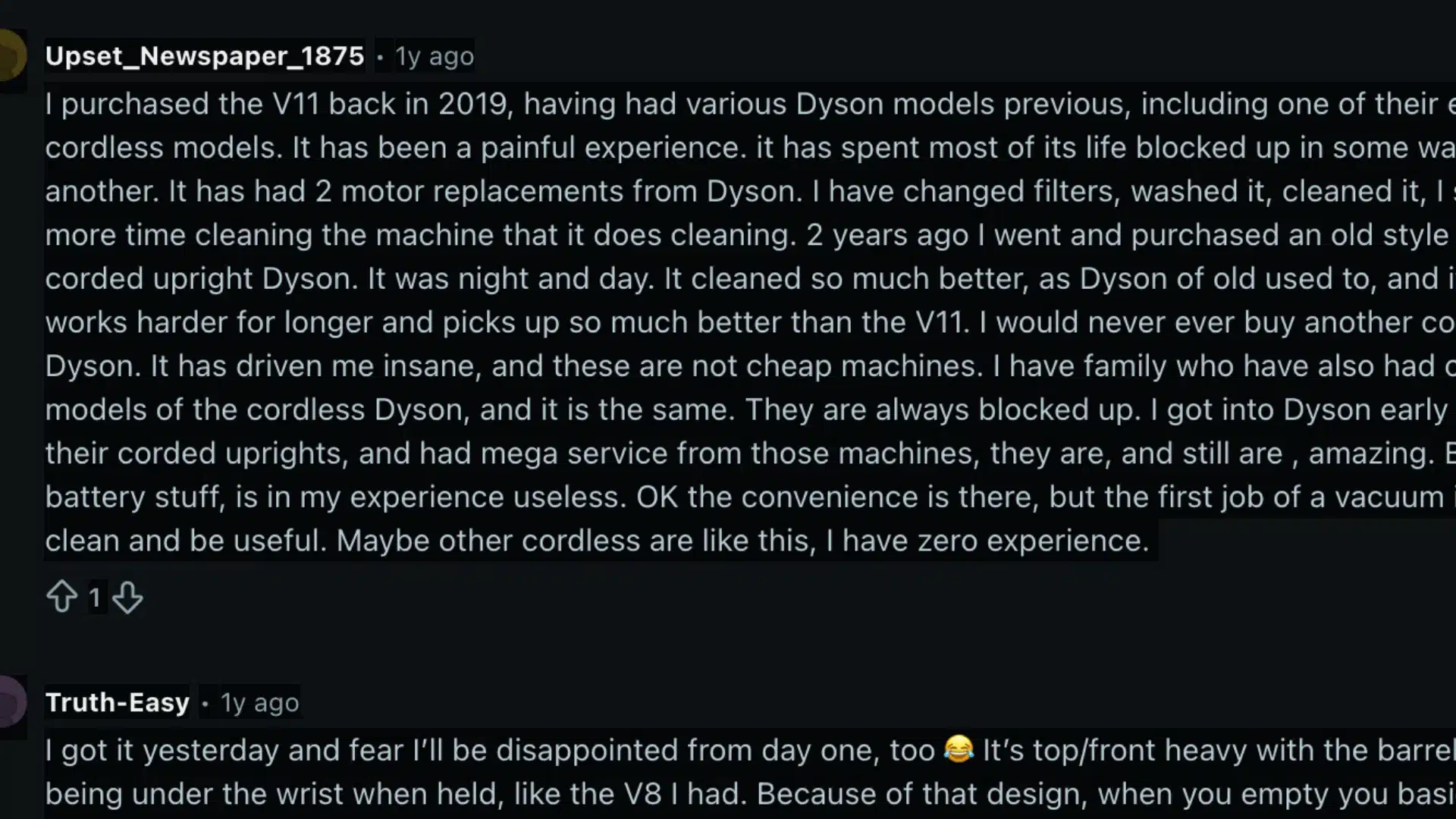 Reddit user sharing a negative Dyson V11 ownership experience, citing frequent clogs and frustrations over several years of use