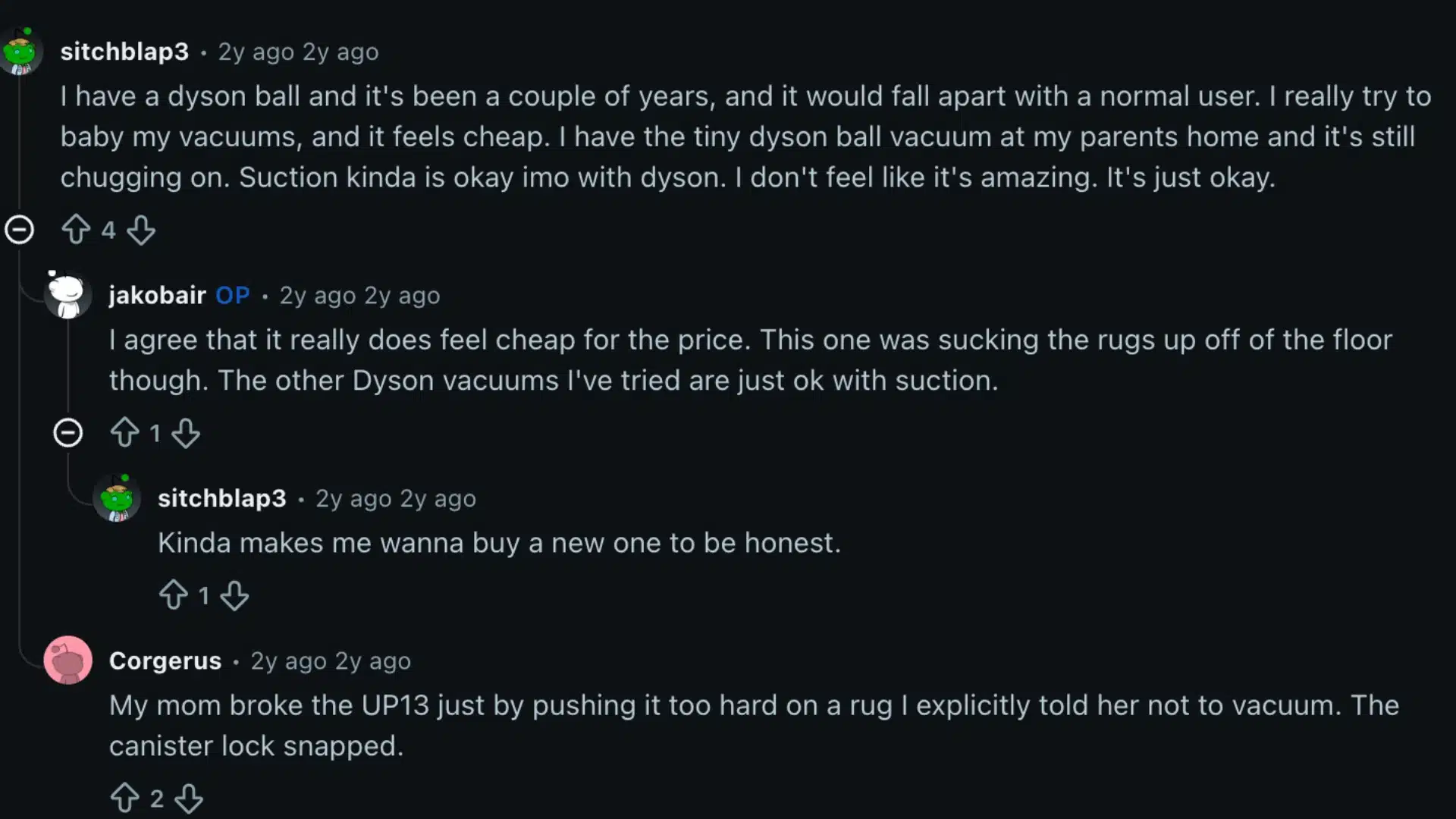 Reddit users discussing Dyson Ball Animal 3 build quality, suction performance and long term ownership experiences