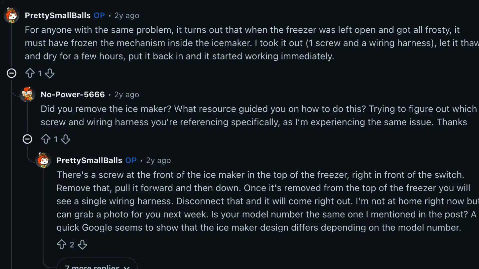 Reddit users discussing Frigidaire ice maker problems, frozen mechanisms, and ice maker removal fixes