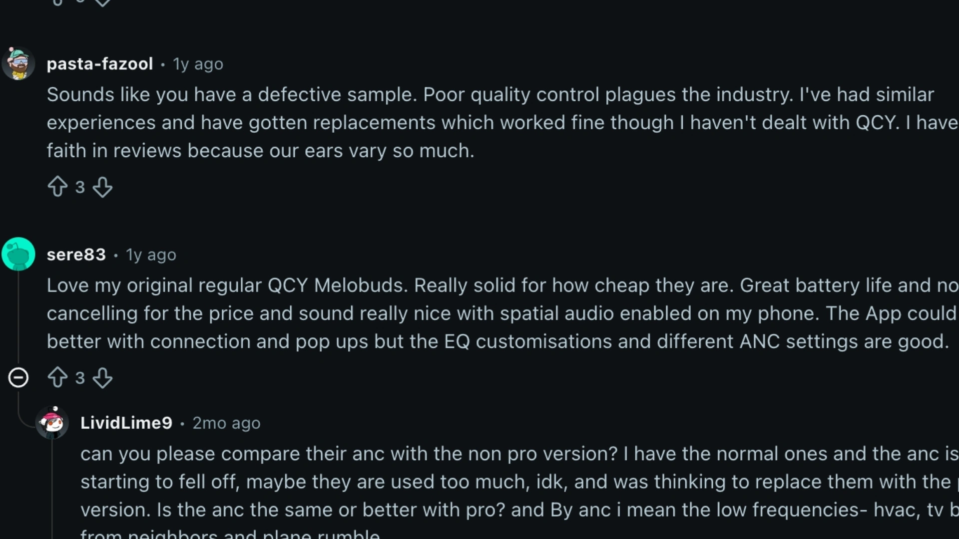 Reddit users discussing QCY MeloBuds Pro earbuds, sharing mixed opinions about overall value for money