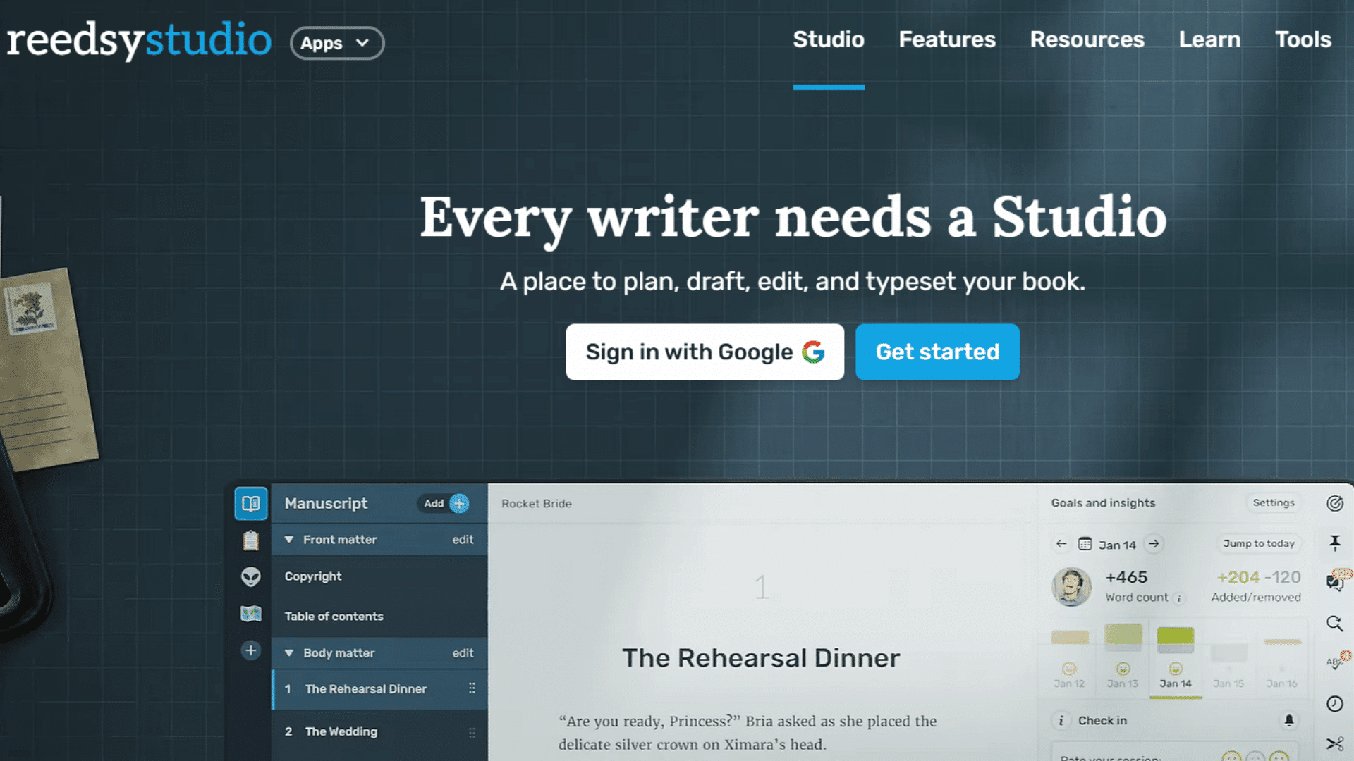 reedsy studio homepage featuring online book writing editing and formatting tools with manuscript management workspace for authors