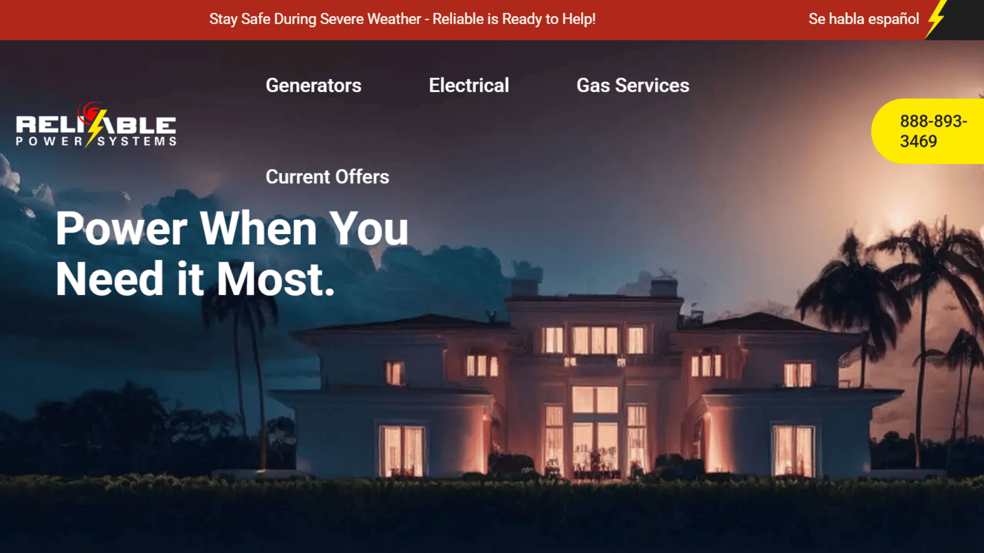 reliable power systems homepage showing illuminated home at dusk with service menu