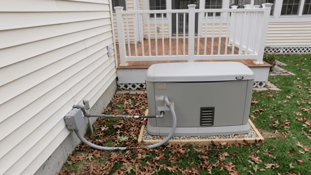 residential standby generator connected to a home power system near a backyard deck
