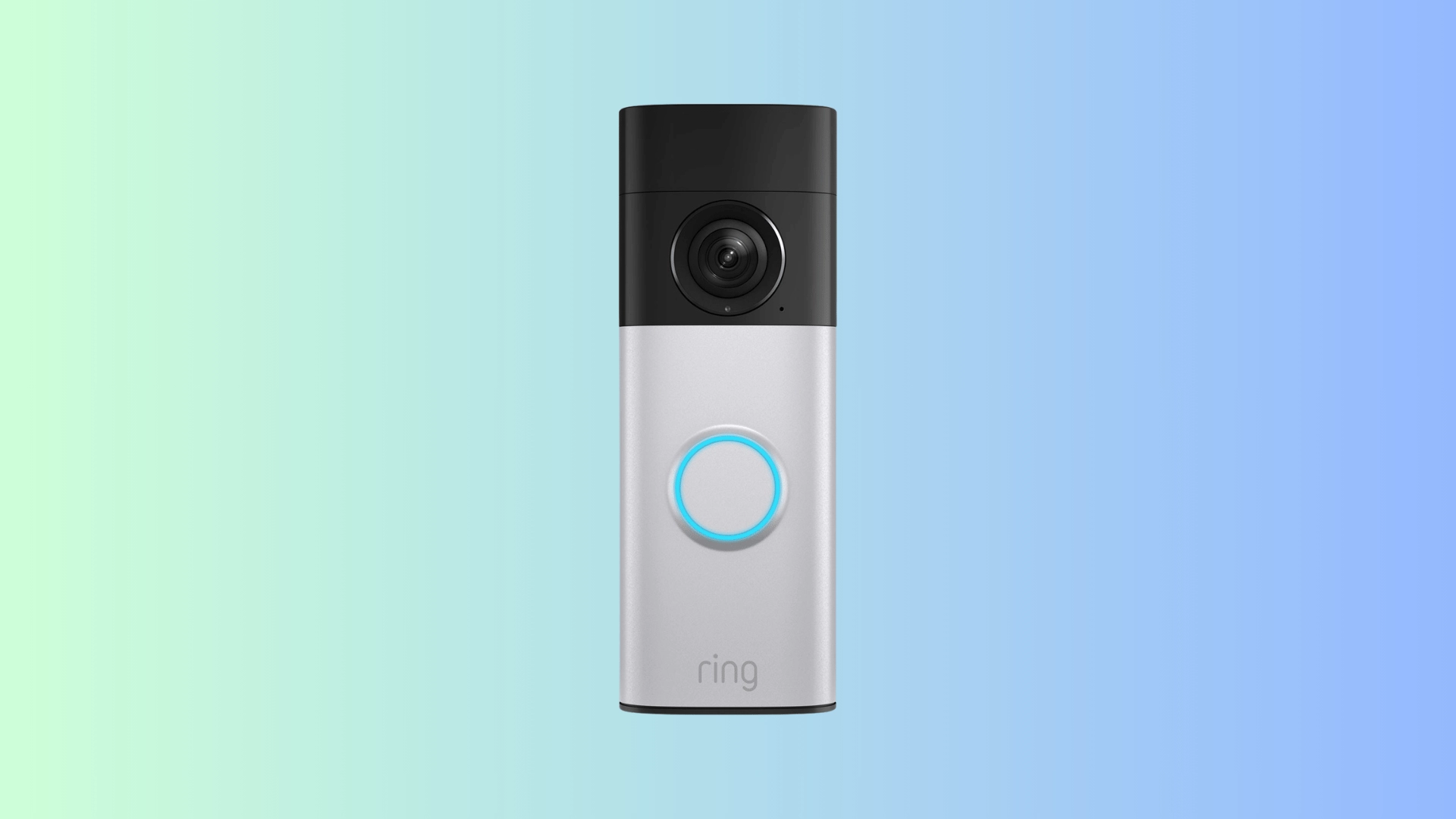 Ring Battery Doorbell 2nd Gen front view on a blue and green gradient background for best budget Ring doorbell pick