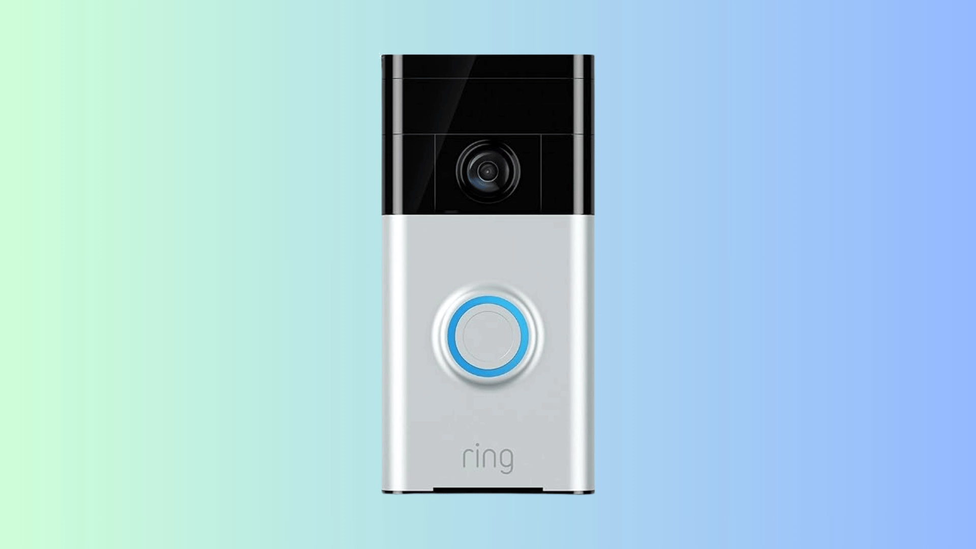 Ring Battery Doorbell Plus front view on a blue and green gradient background for best overall Ring doorbell pick