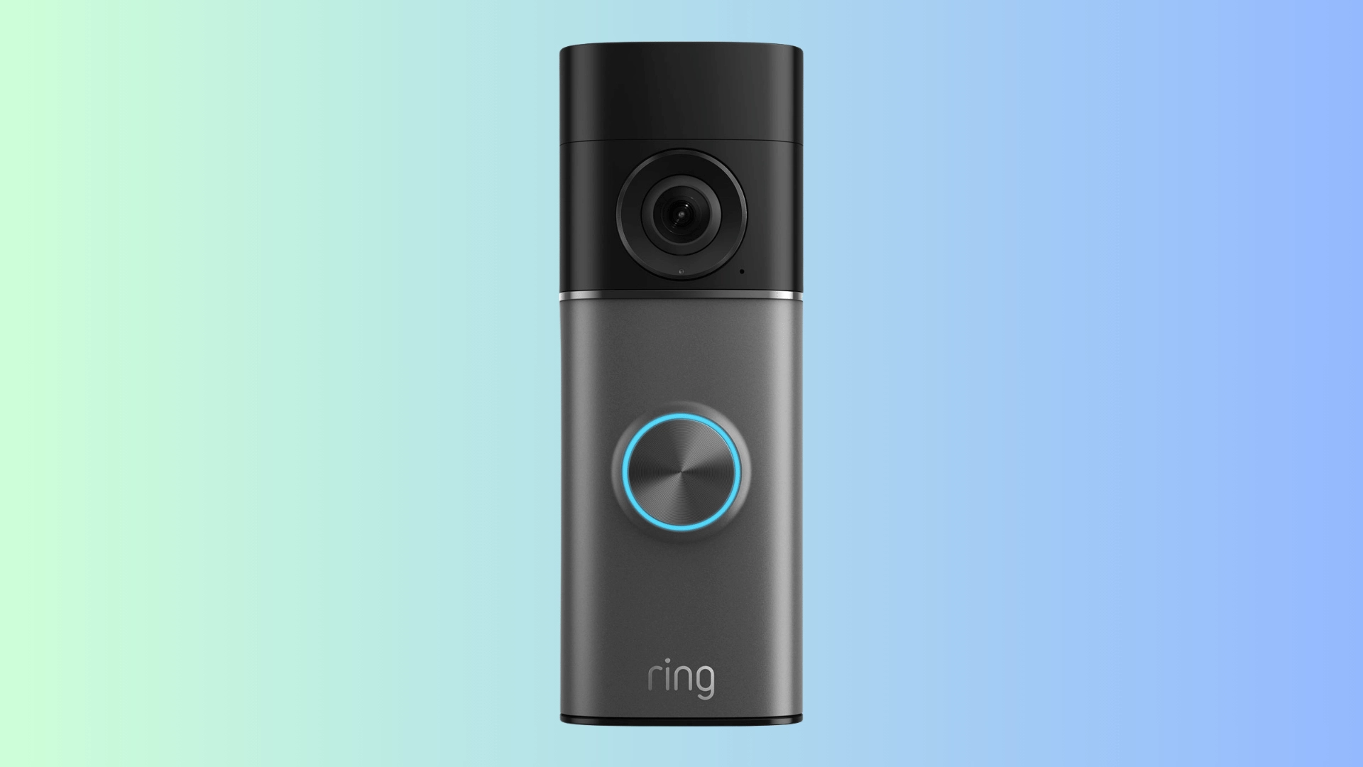 Ring Battery Doorbell Pro front view on a blue and green gradient background for power users needing advanced video features