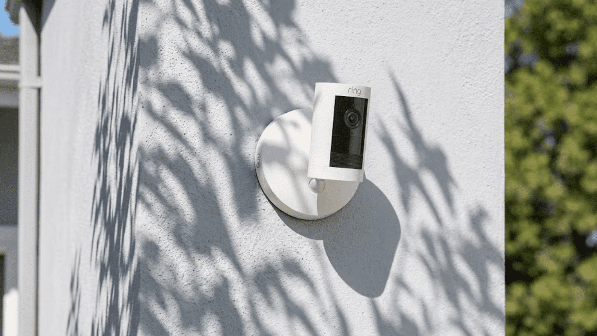 ring outdoor security camera mounted on exterior wall with sunlight and tree shadows surrounding the device near home exterior