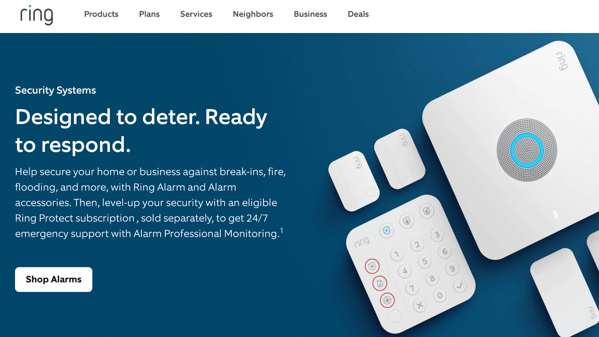 ring website header showing a white home alarm system keypad and sensors on a blue background