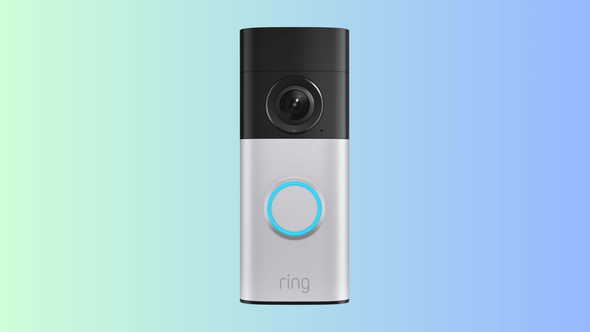 Ring Wired Doorbell Plus front view on a blue and green gradient background for best wired Ring doorbell option