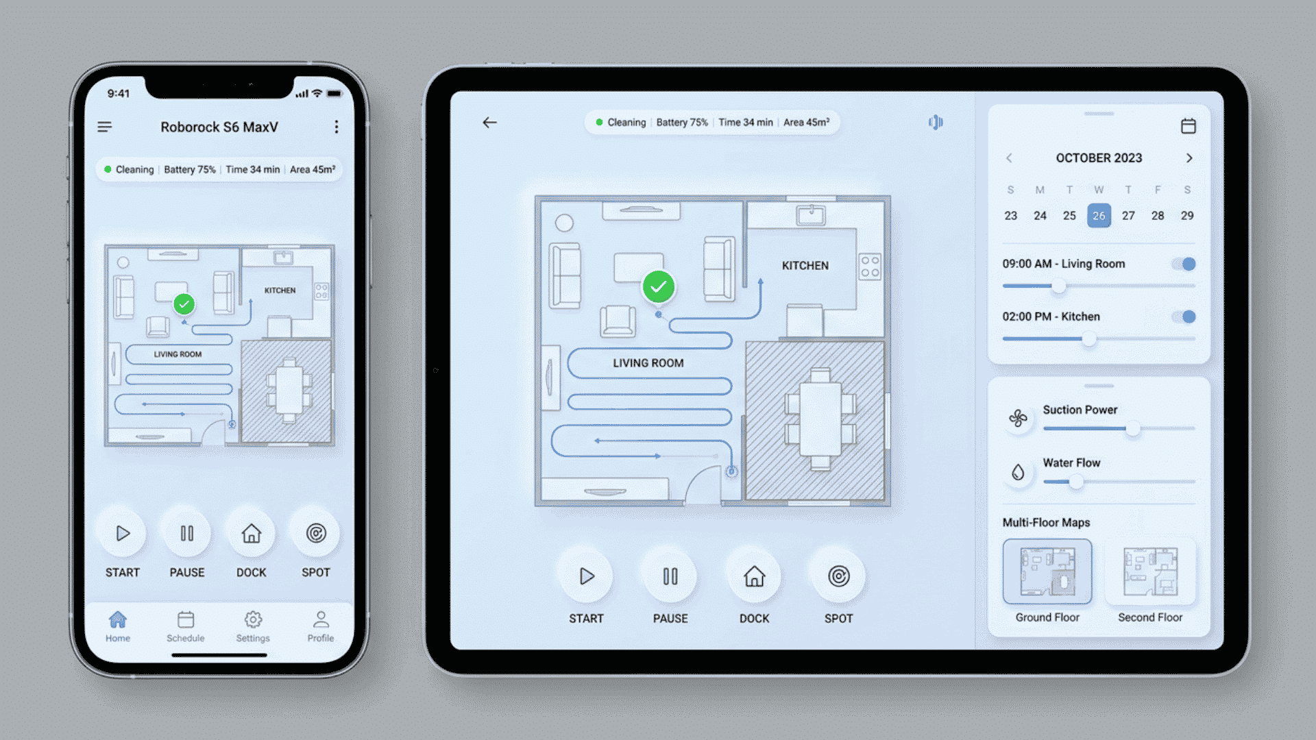 Roborock app showing S6 MaxV multi-room floor map with no-go and no-mop zones on a smartphone (1)