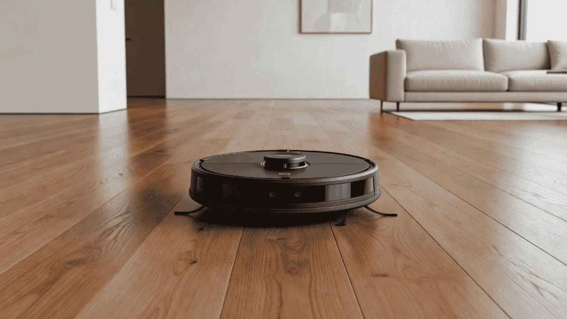 Roborock S6 MaxV robot vacuum on hardwood floor showing LiDAR dome and twin ReactiveAI cameras