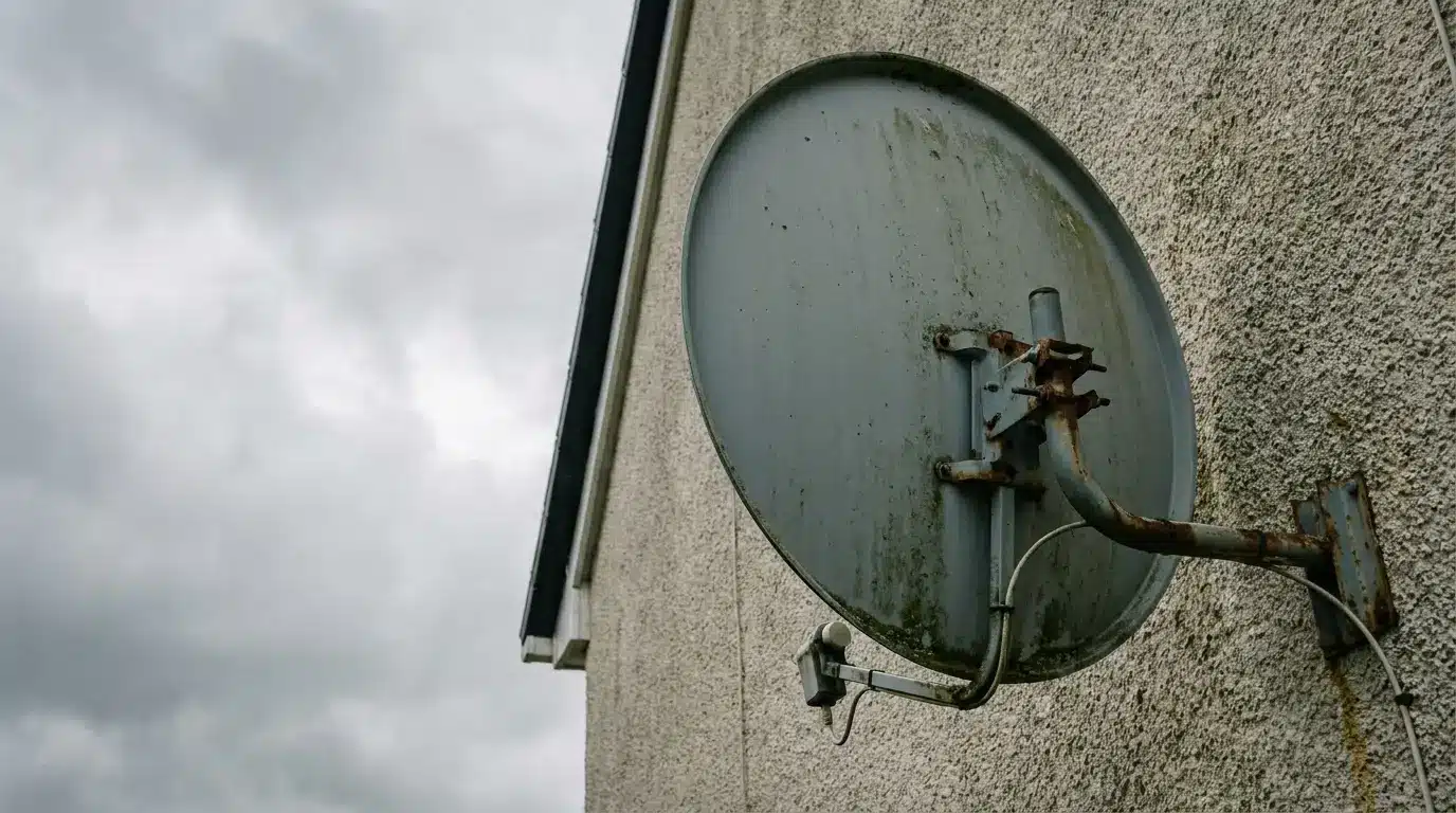 Rusty satellite dish mounted on textured outdoor wall with overcast sky in background
