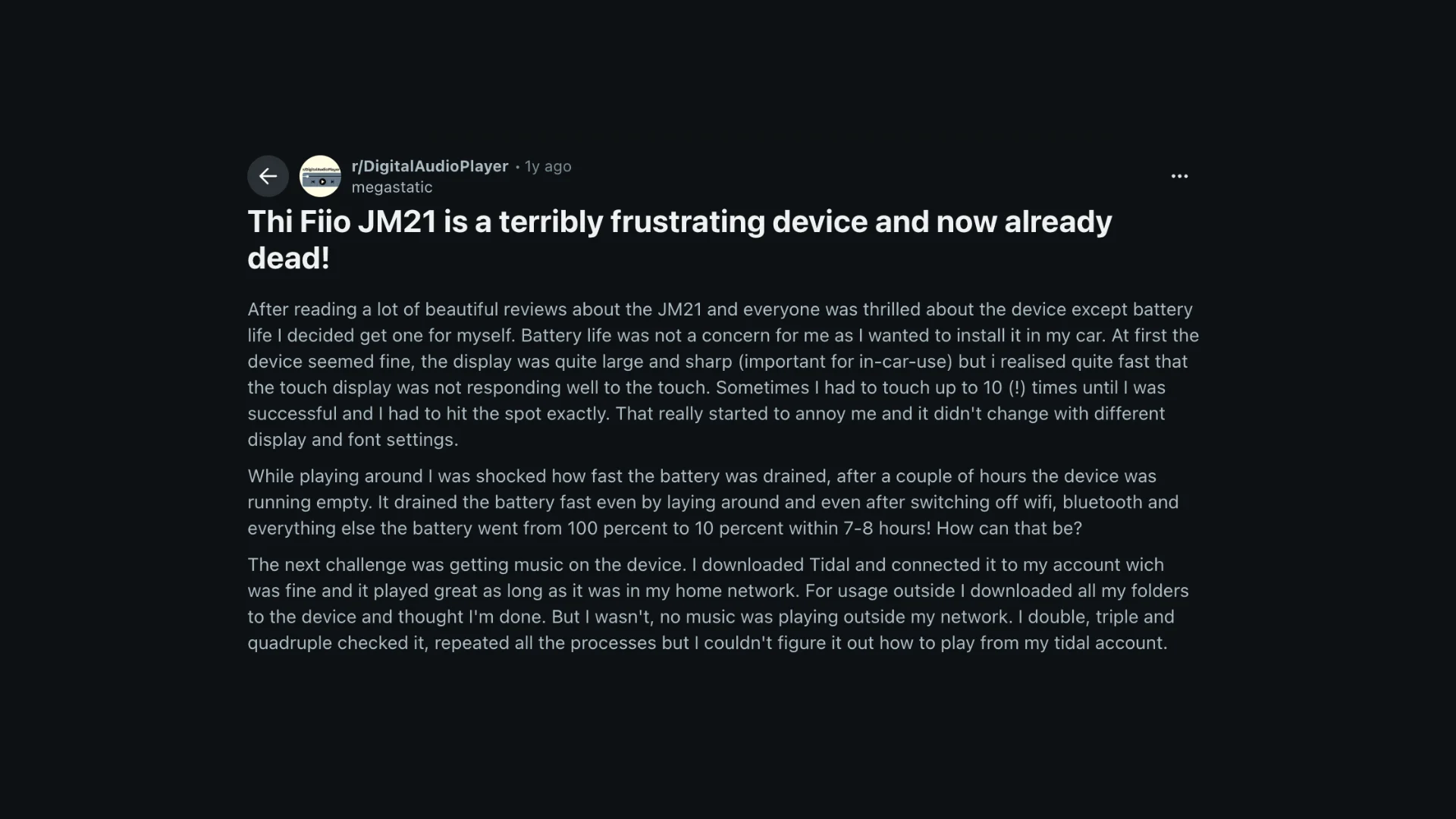 Screenshot of a Reddit post criticizing the Fiio JM21 for battery, screen, and offline issues