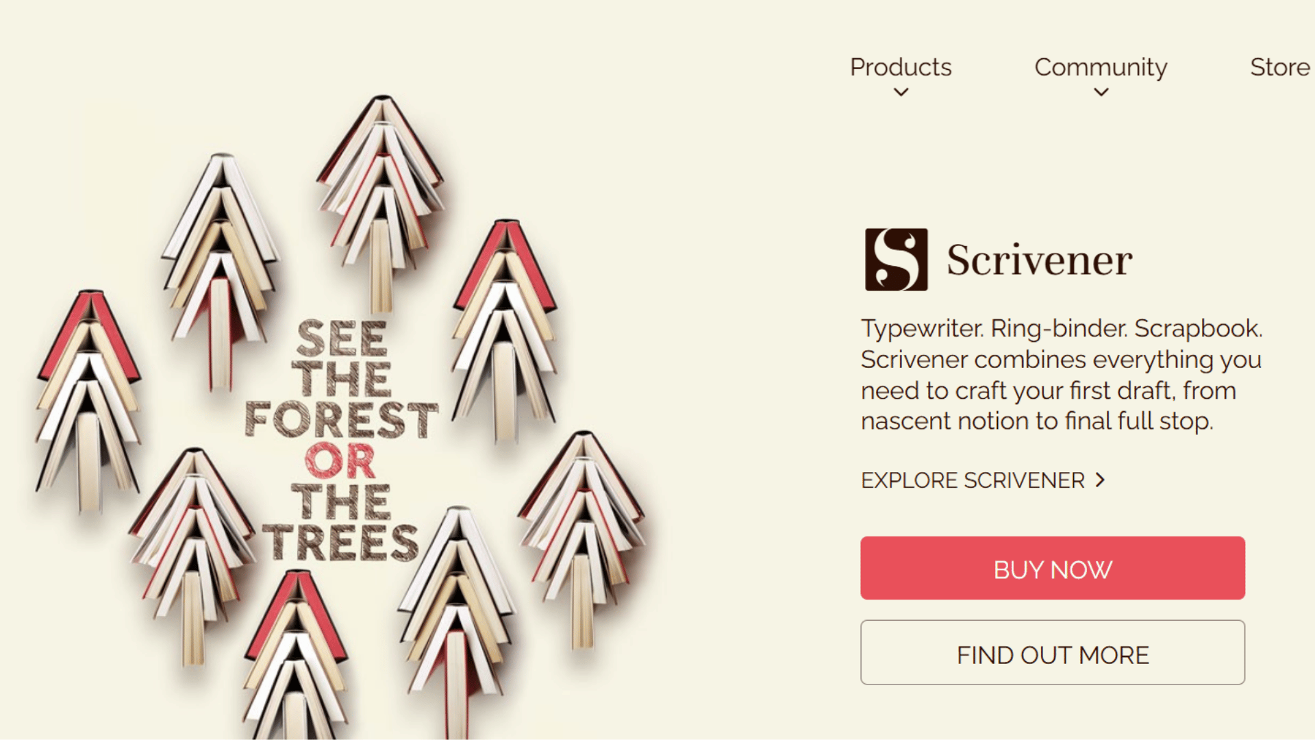 scrivener website homepage showing book shaped trees and software overview for novel writing and manuscript organization