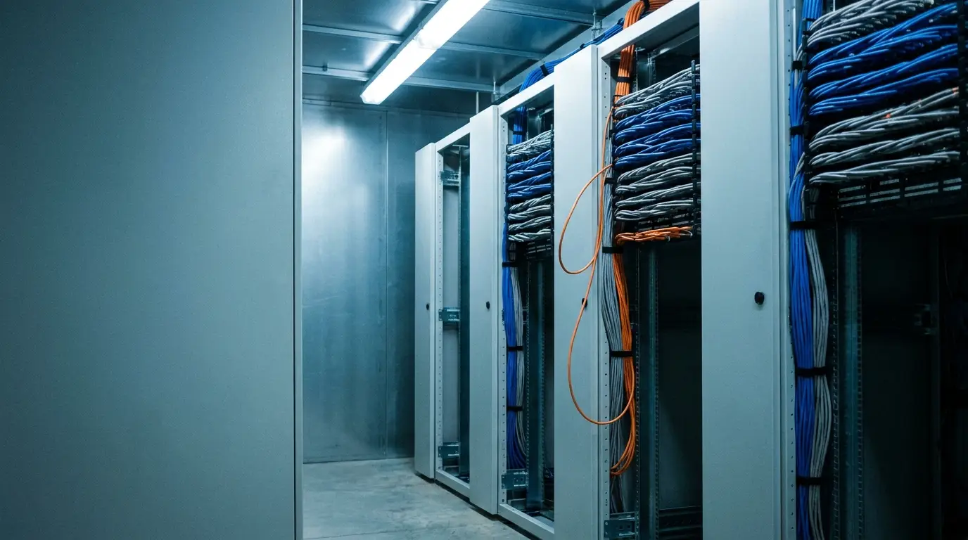 Server racks with organized cables in a dimly lit, industrial data center room