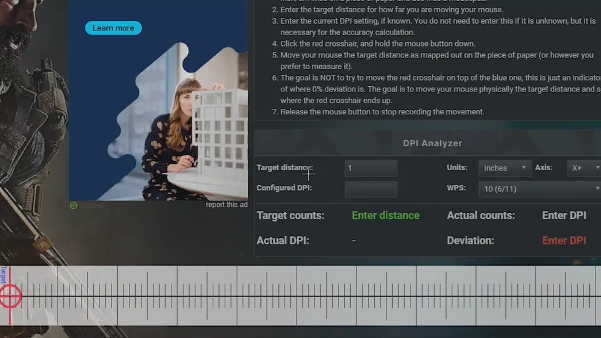 Set the target distance to 1 inch on the Mouse Sensitivity DPI Analyzer website