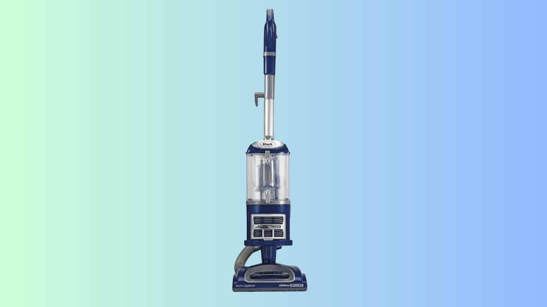 Shark Navigator NV360 upright vacuum cleaner with Lift Away pod on a blue and green gradient background