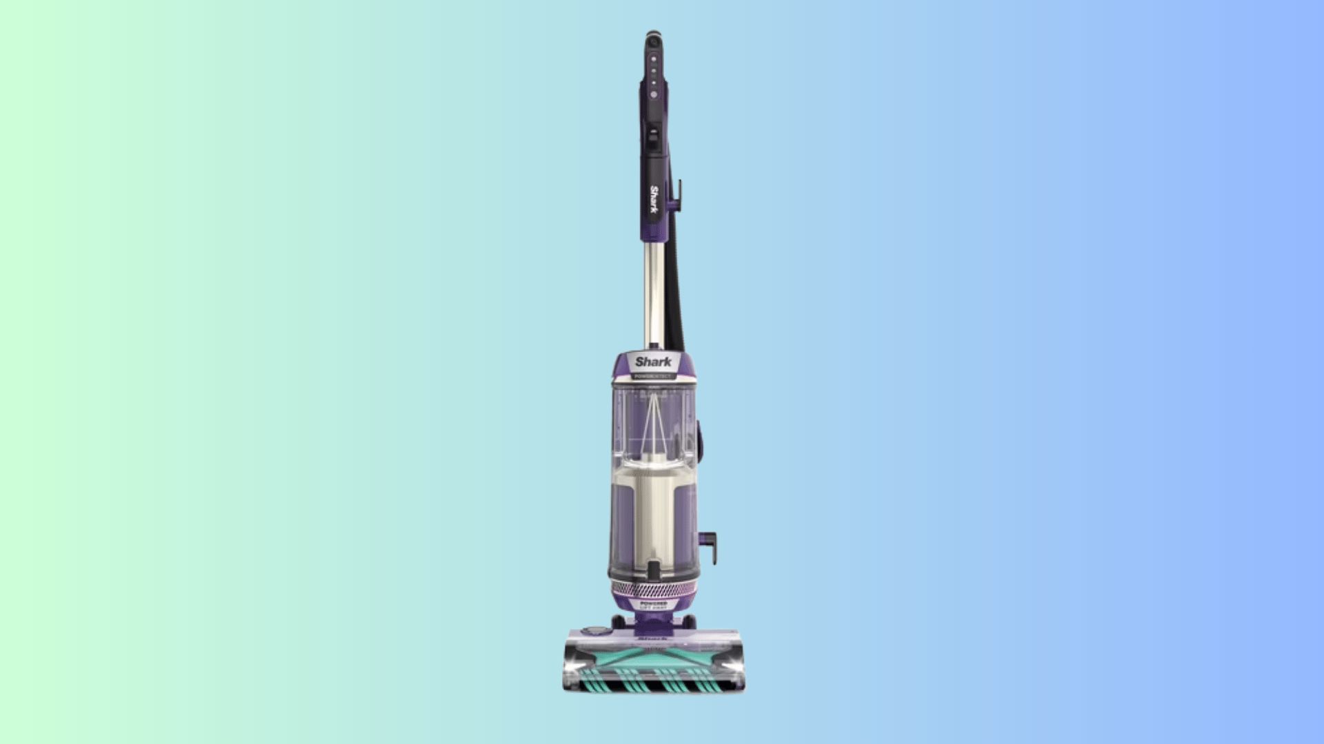 Shark PowerDetect upright vacuum cleaner with front brush head on a clean blue and green background
