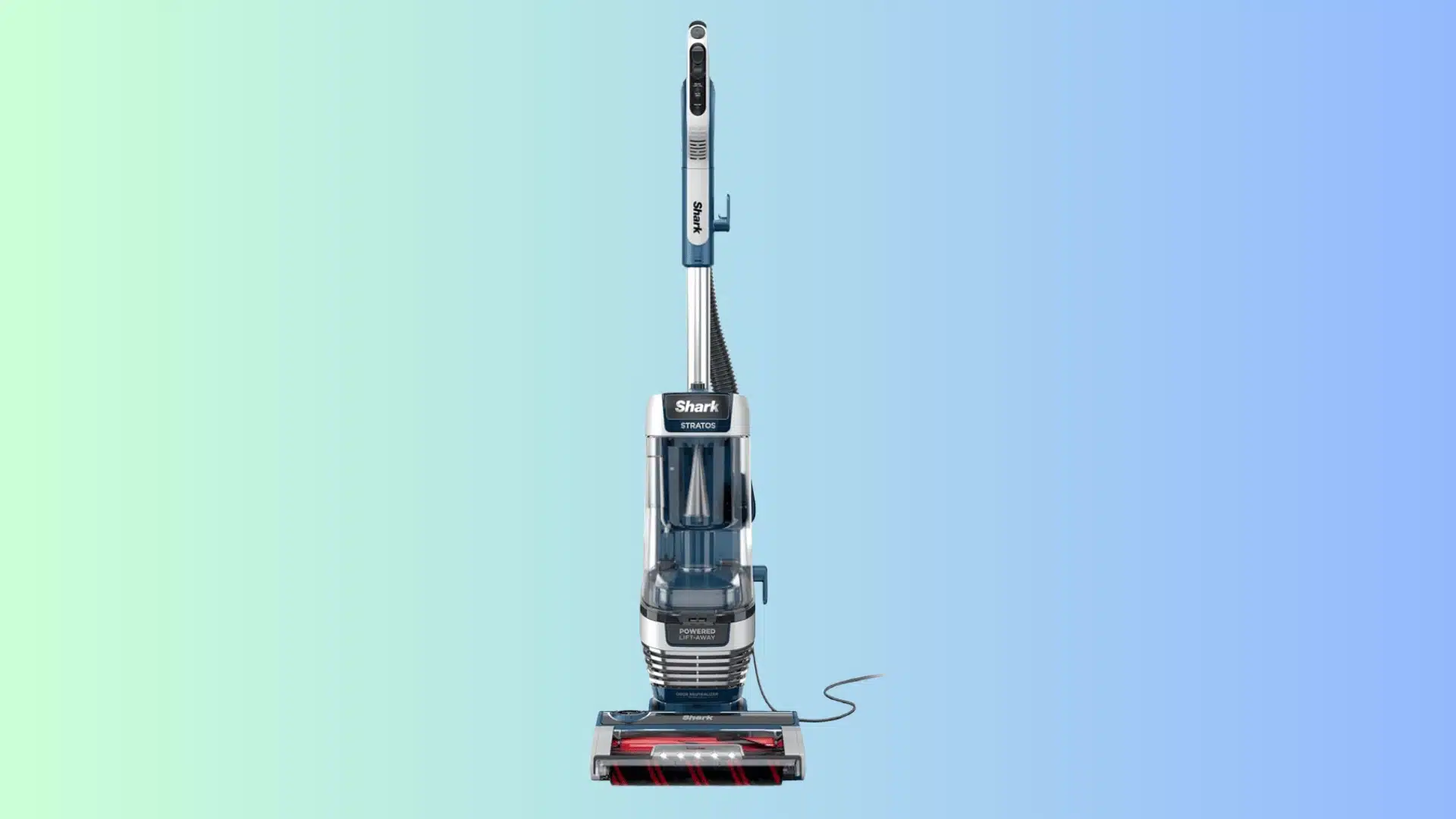 Shark Stratos Upright AZ3002 with Lift Away body and DuoClean brush roll on gradient background