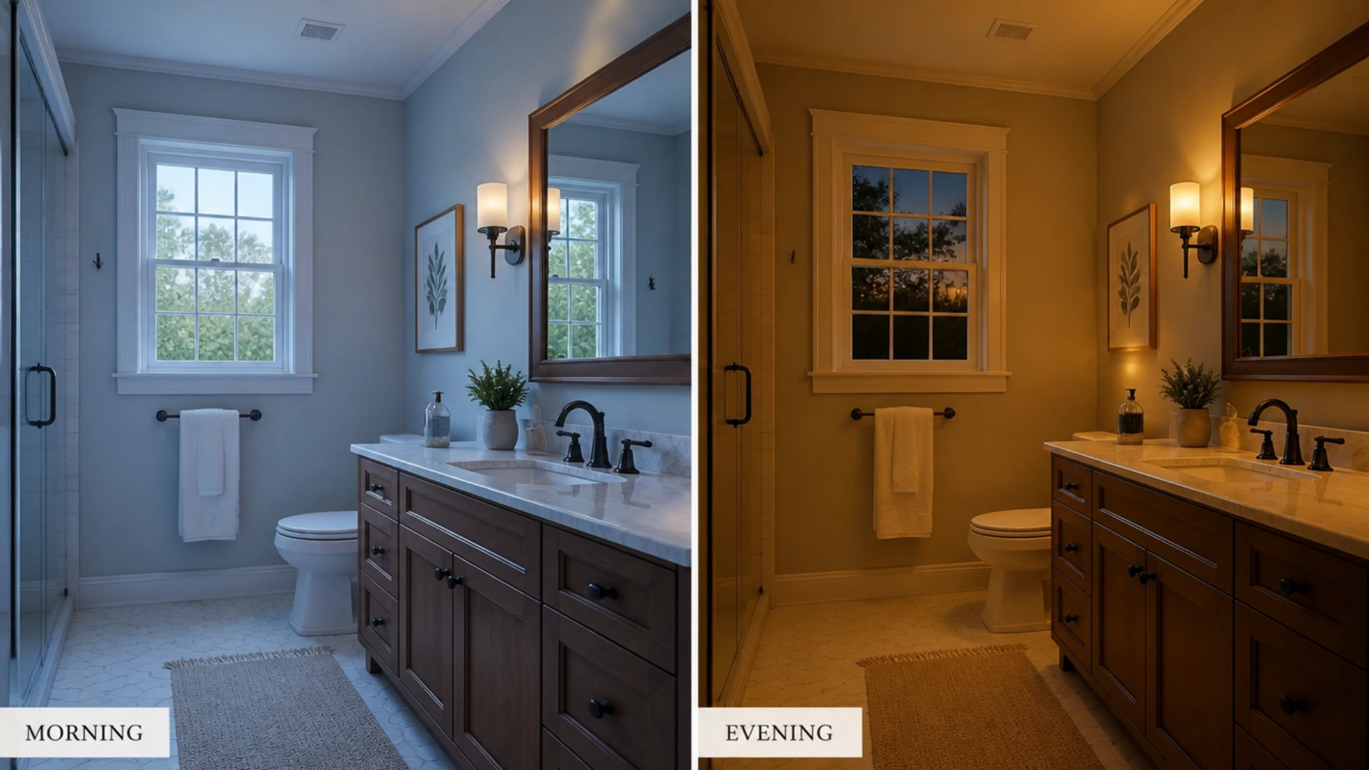 Side-by-side comparison of cool morning light and warm evening light in the same bathroom under circadian lighting