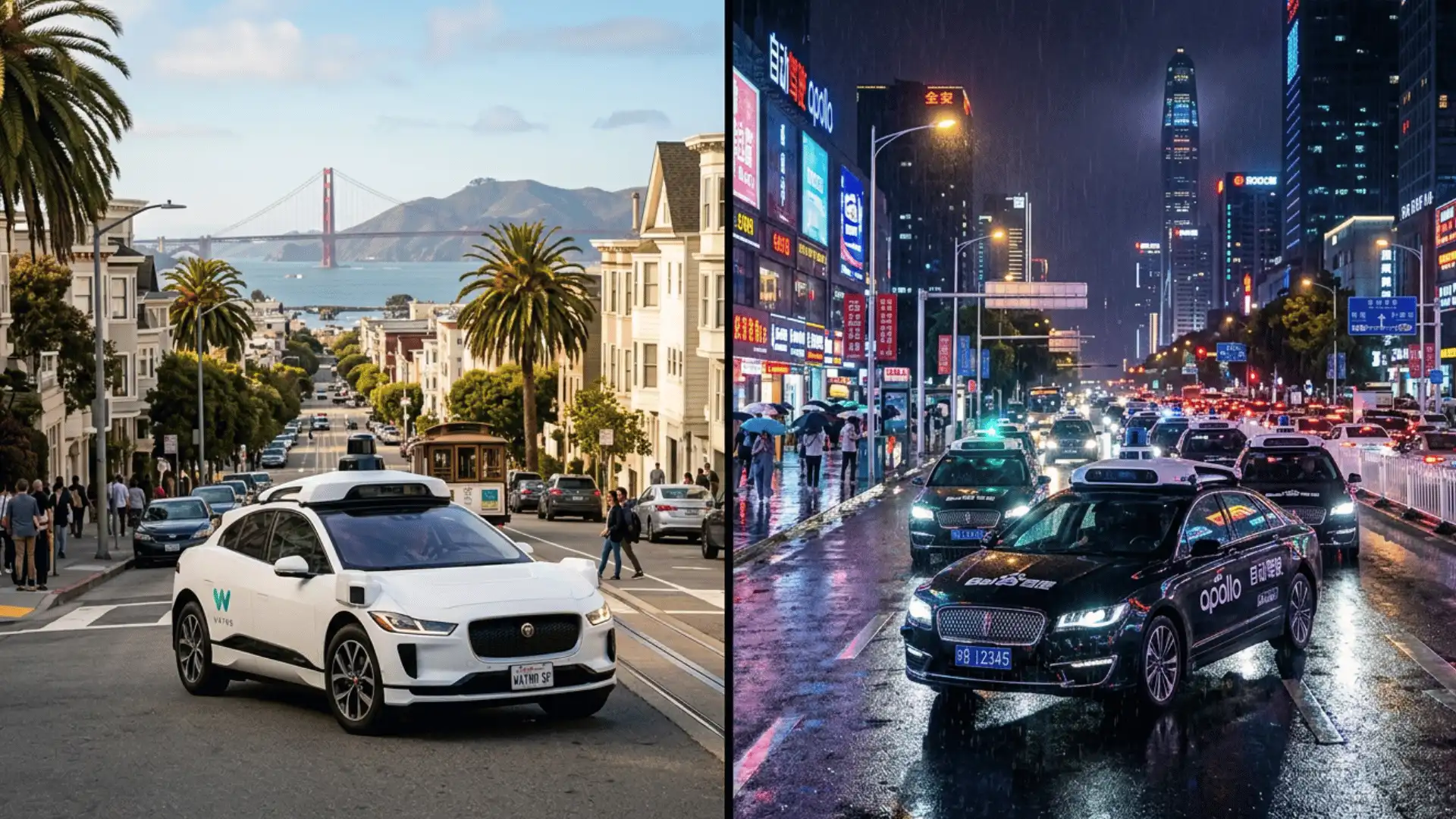 Side-by-side comparison of Waymo robotaxi in San Francisco and Chinese AV fleet in Shenzhen