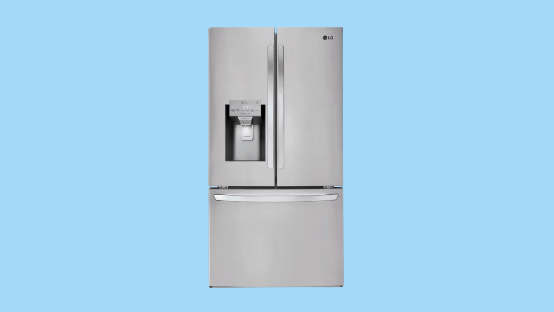 silver french door refrigerator with bottom freezer drawer and built in water dispenser featuring a sleek modern design and finish