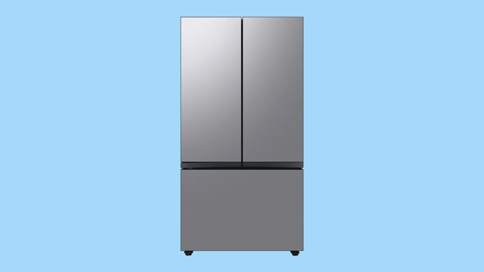 silver french door refrigerator with bottom freezer drawer featuring a minimalist design and modern metallic finish on display
