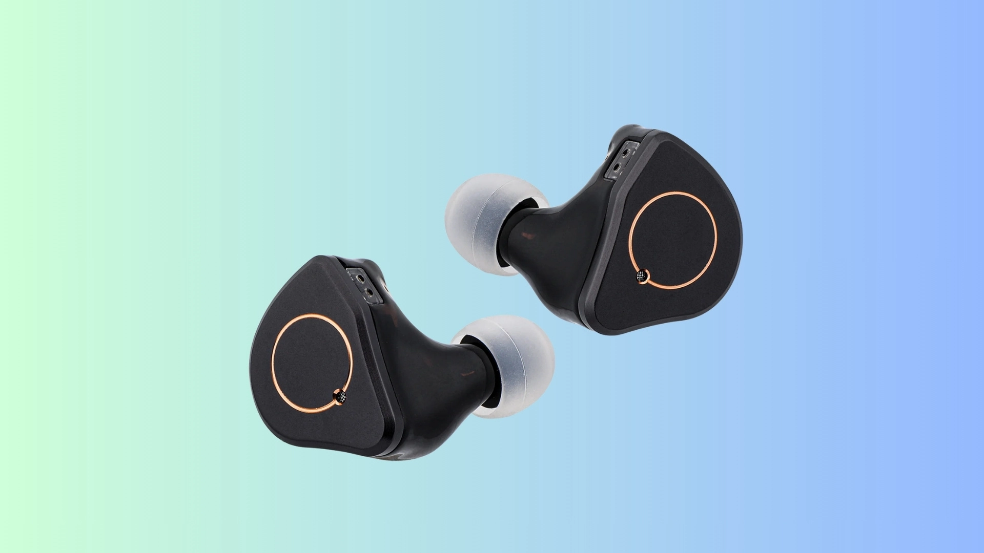 Simgot SuperMix 4 earpieces shown without cable on a soft blue and green gradient background