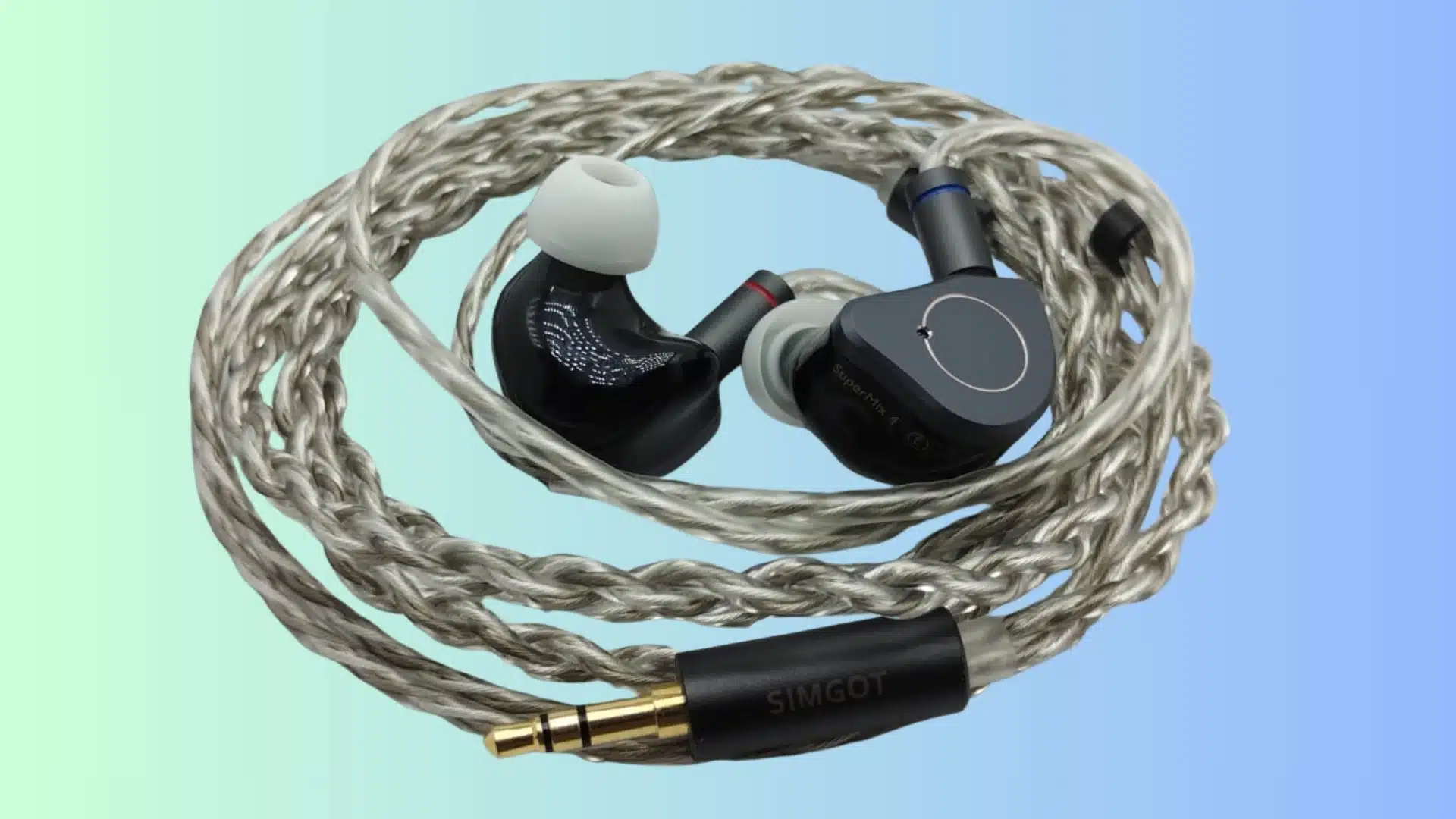 Simgot SuperMix 4 IEMs with braided silver cable and 3.5mm connector displayed on a soft blue and green gradient background