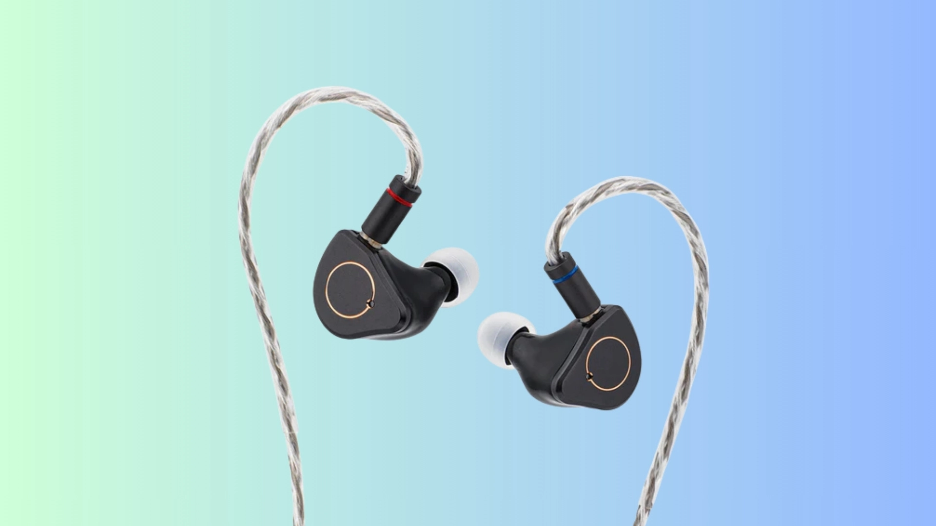 Simgot SuperMix 4 wired IEMs floating on a soft blue and green gradient background with silver cable
