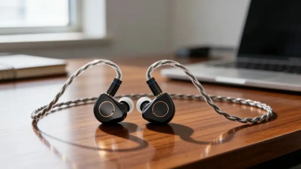 Simgot SuperMix 4 wired IEMs on a wooden office desk beside a blurred laptop and notebook