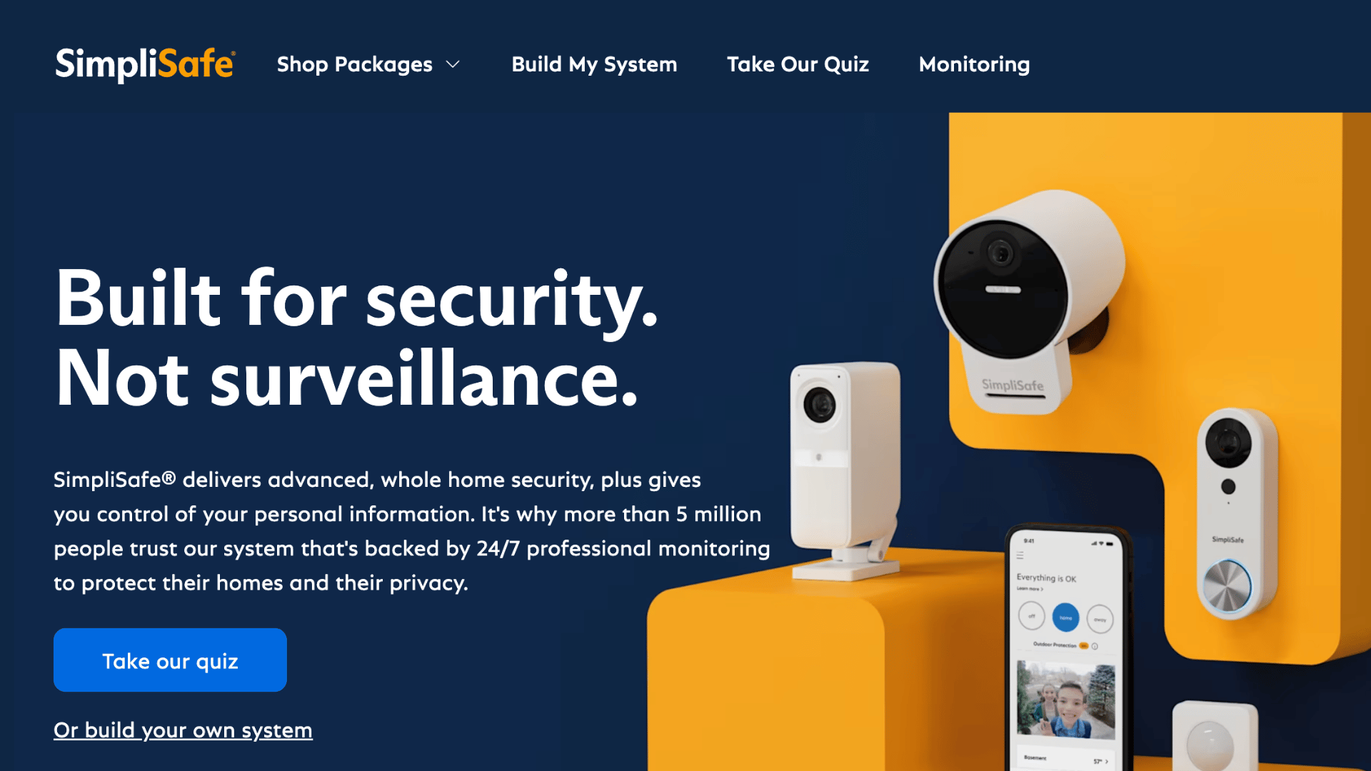 simplisafe website header showing white security cameras and mobile app displayed on bright yellow blocks