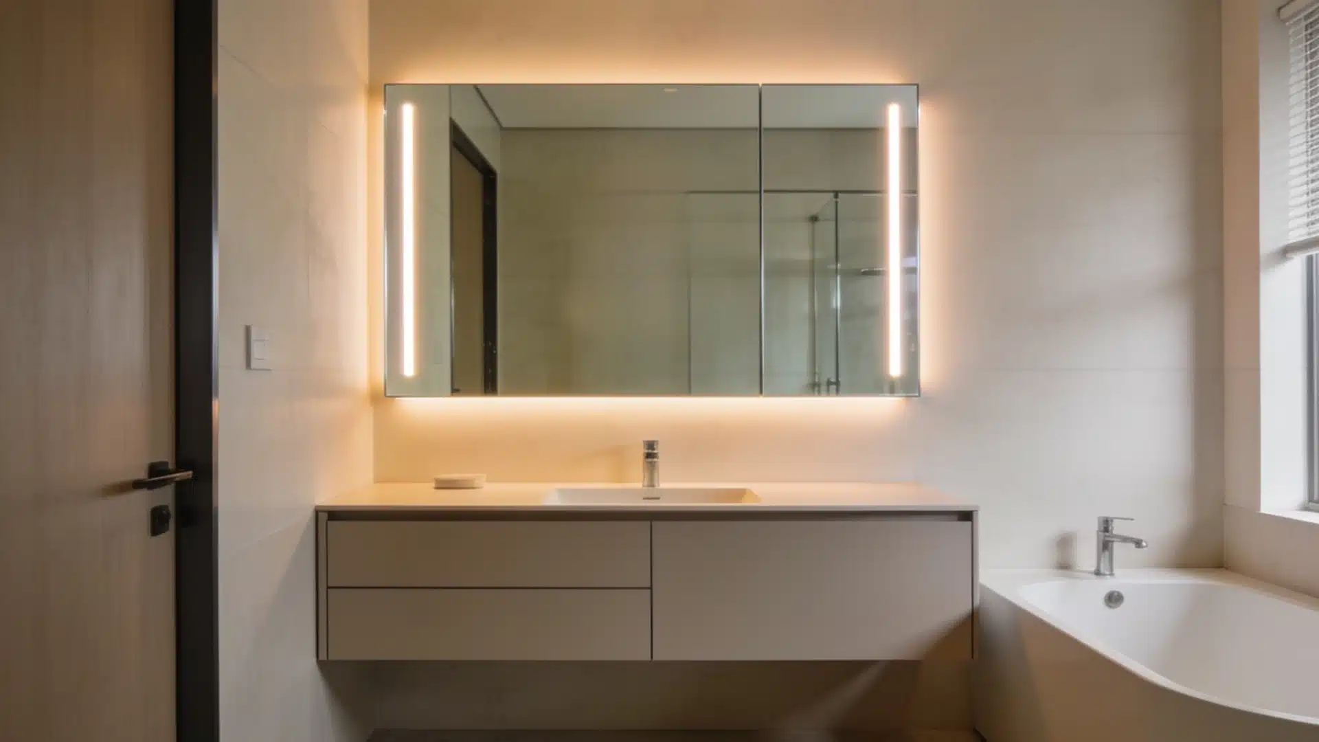 Smart bathroom mirror with LED lights and weather display above a modern vanity