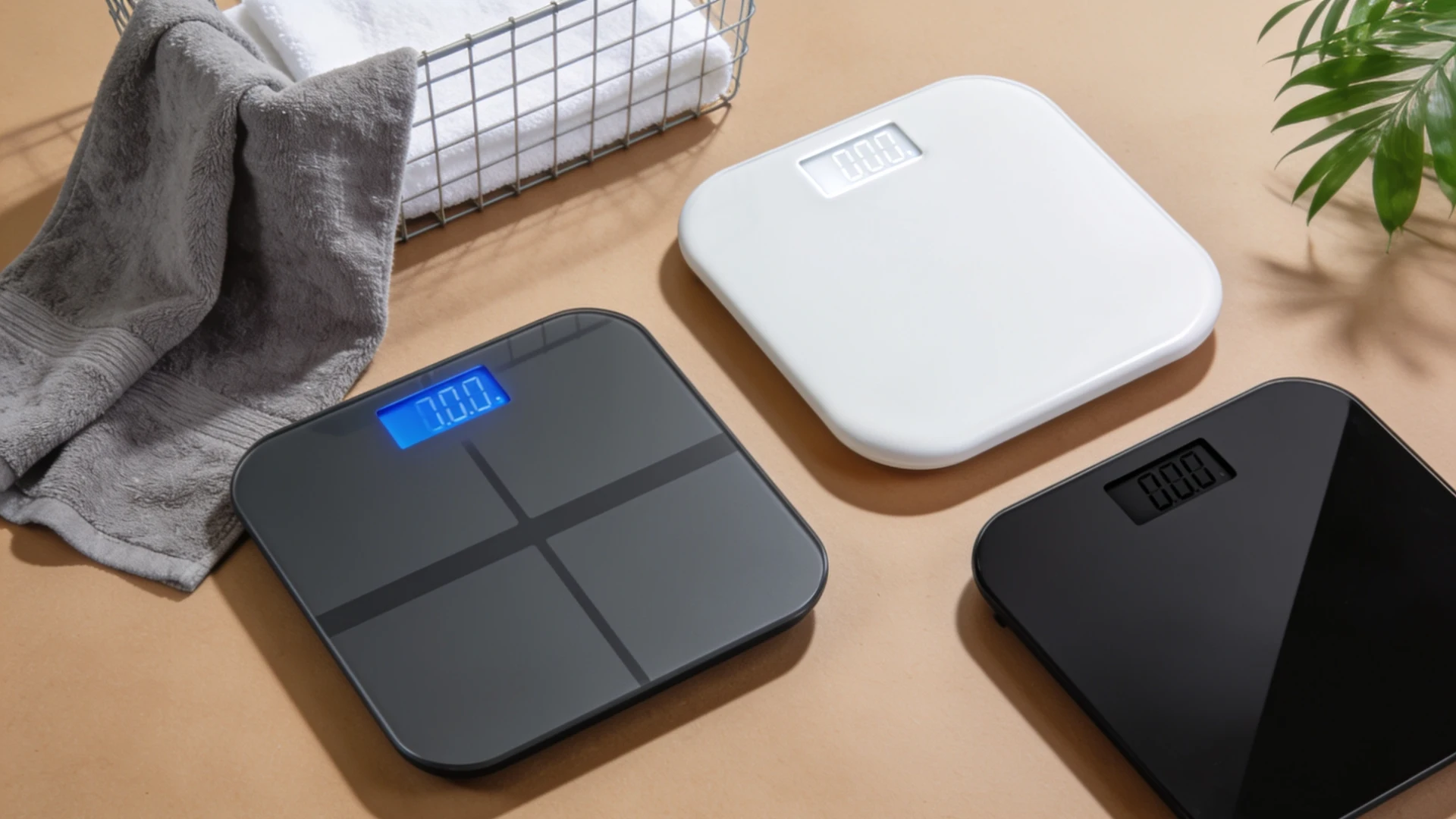 Smart bathroom scale on a wood floor with companion app showing body composition trend data on a nearby phone