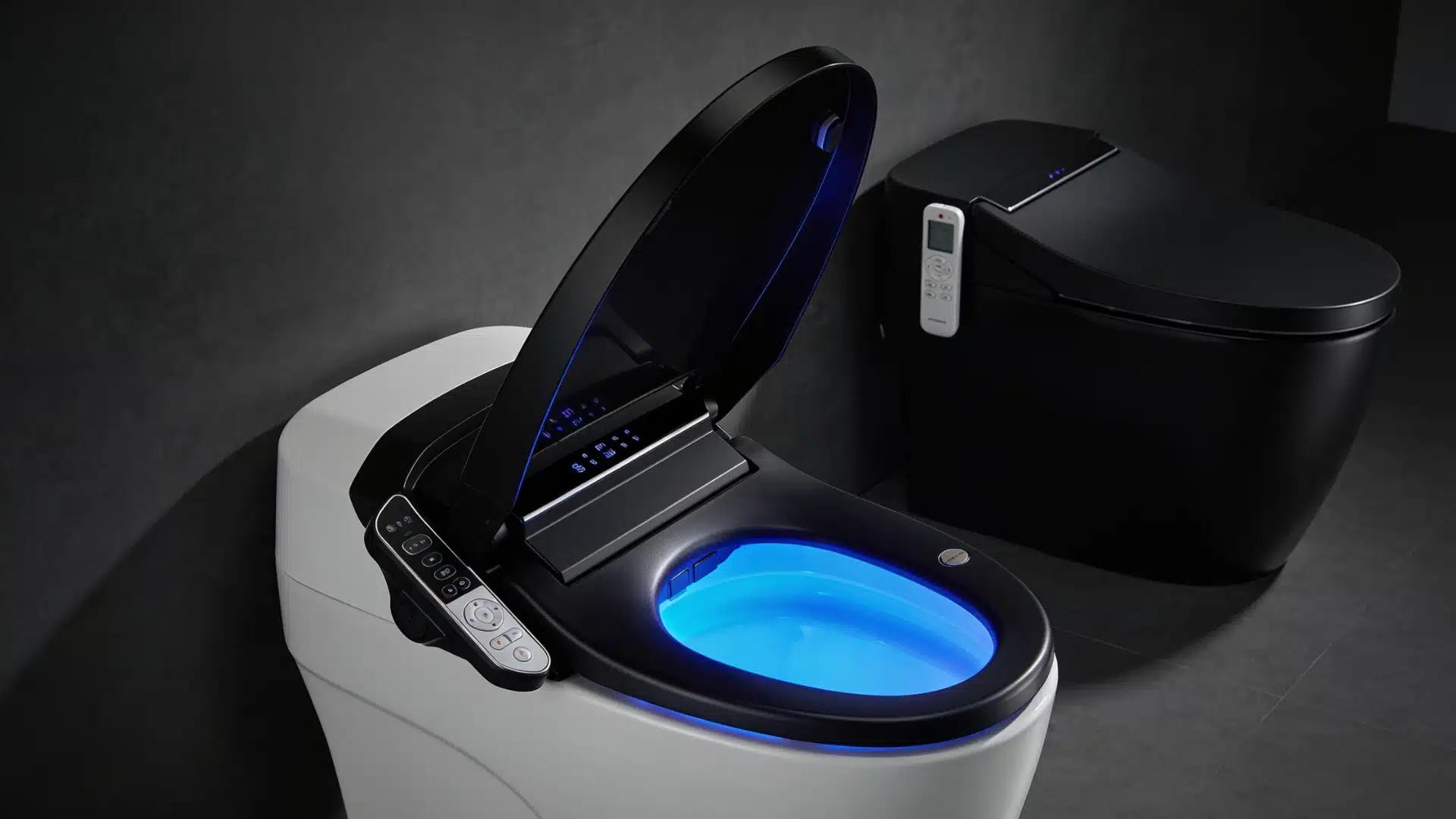 Smart bidet seat with remote control and blue LED lighting in a modern bathroom