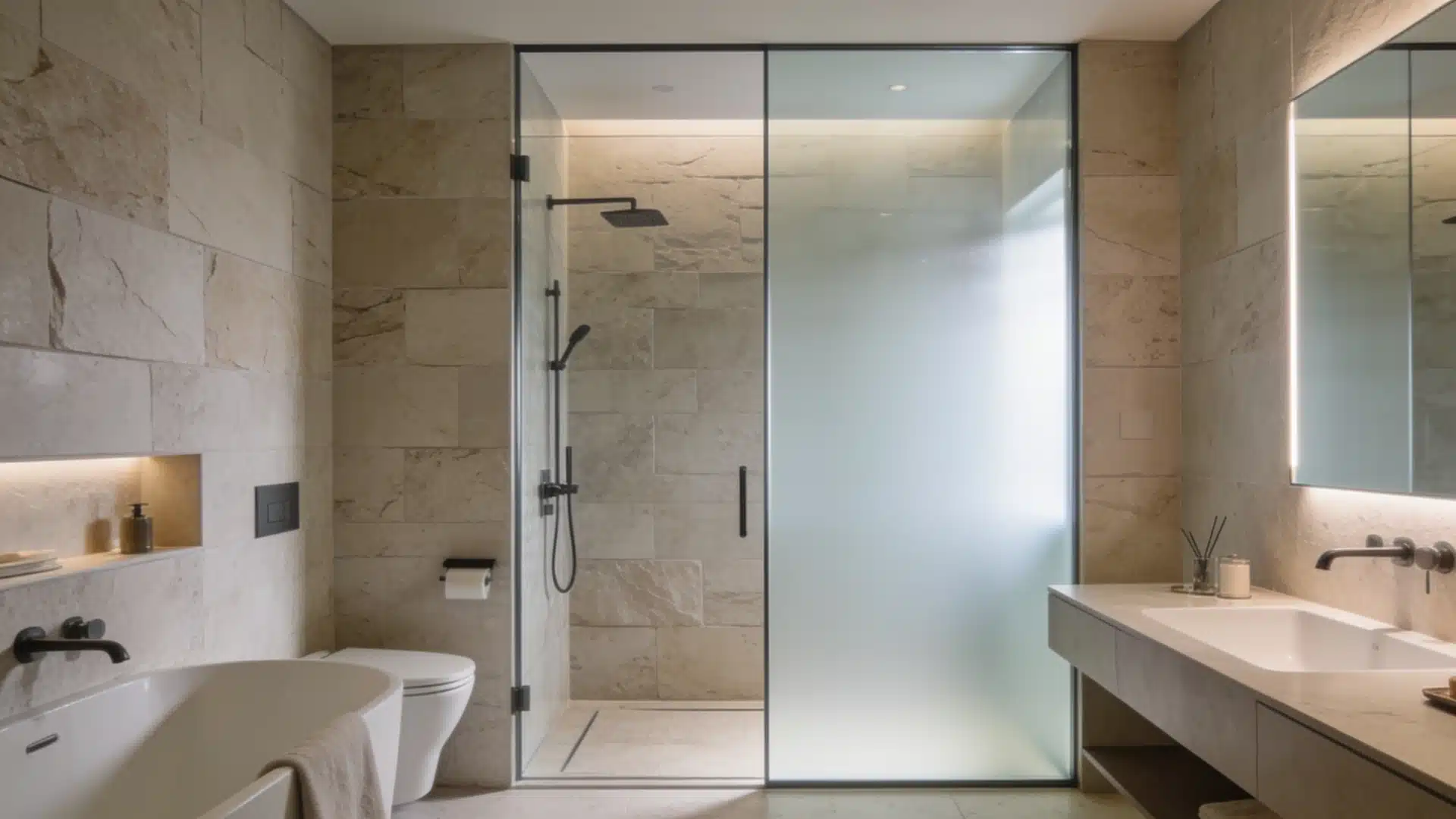 Smart glass shower enclosure showing transparent-to-opaque transition in a modern stone-tiled bathroom